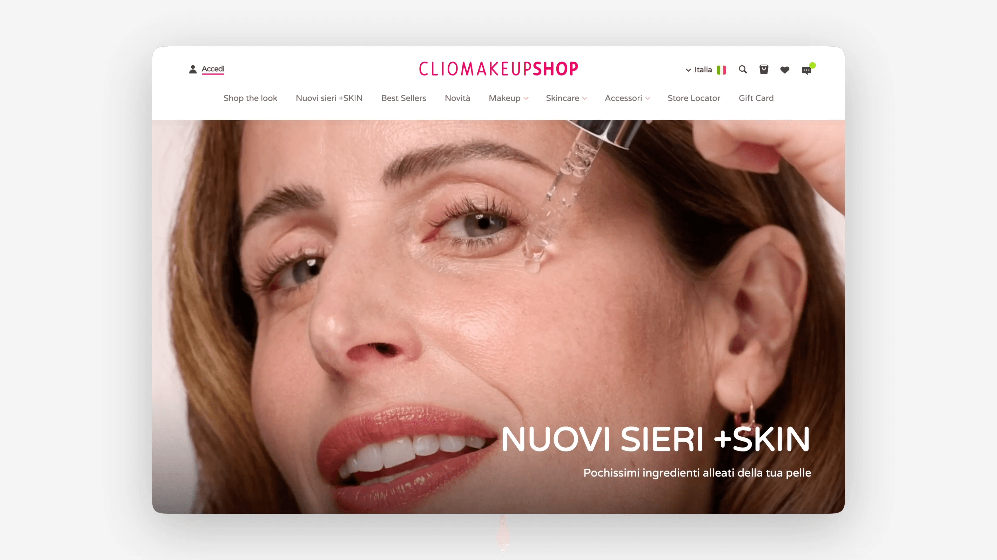 Screenshot of the ClioMakeUp Shop website highlighting the new +SKIN skincare serums.