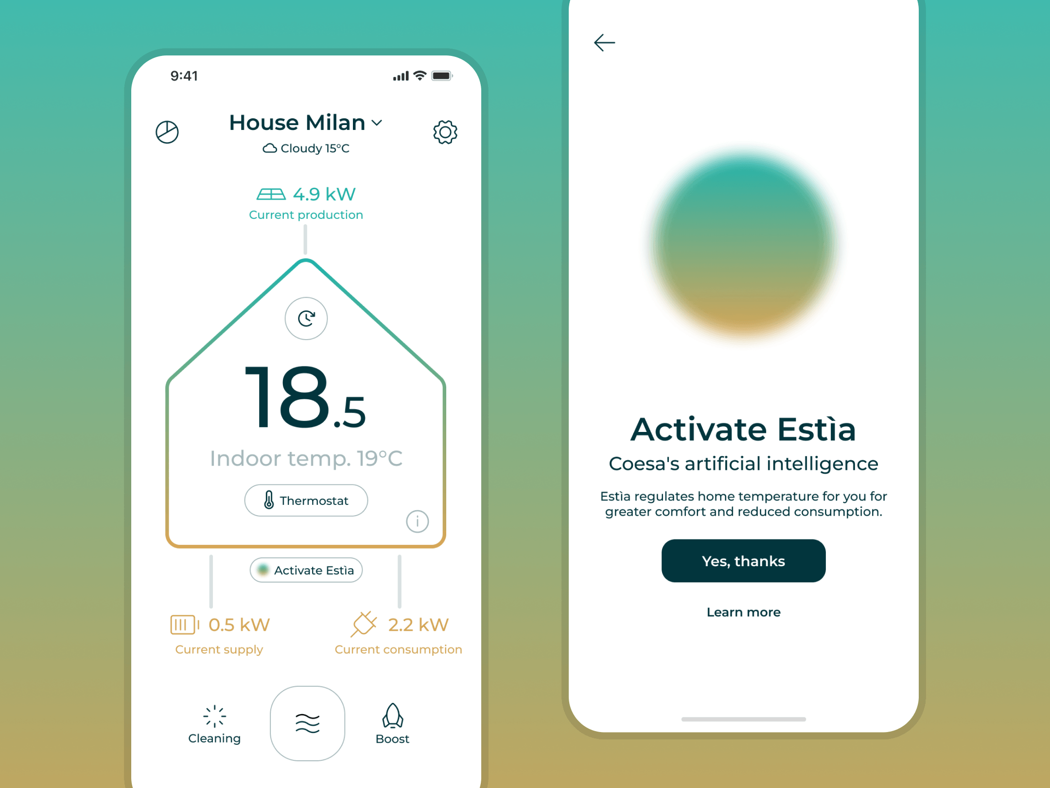Screens from the Coesa app for monitoring home energy usage and smart temperature management.