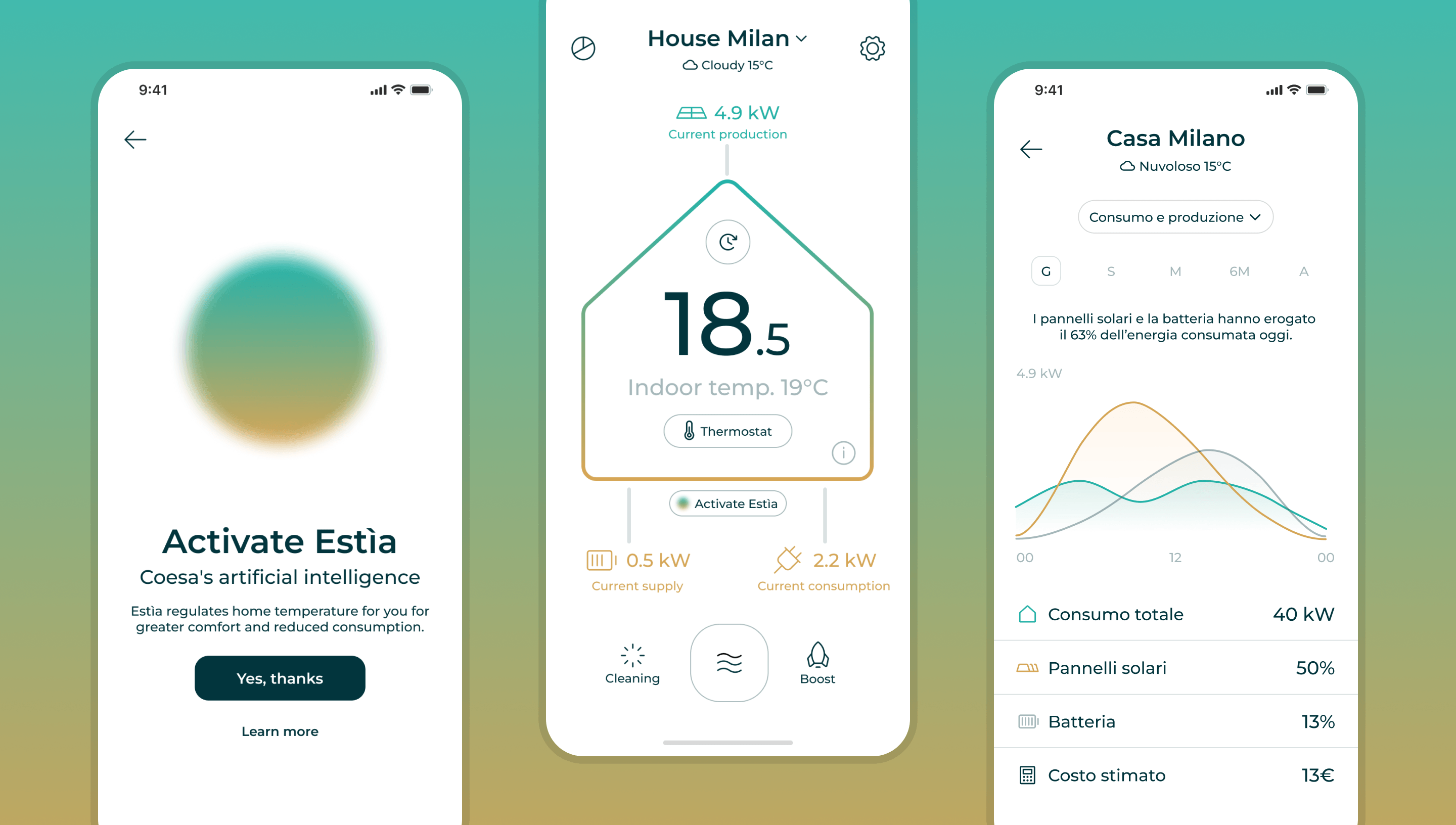 Screens from the Coesa app for monitoring home energy usage and smart temperature management.