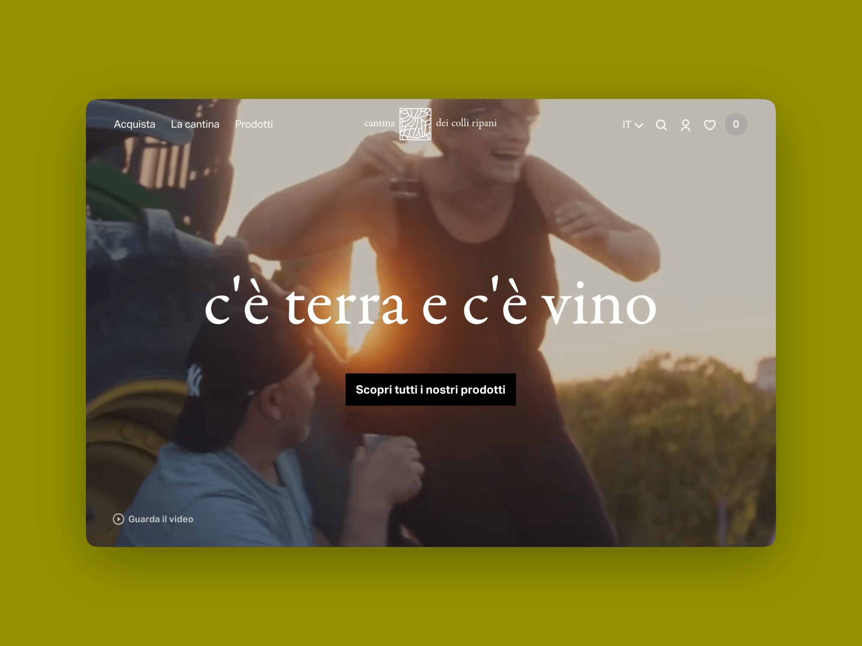 Schermata del sito Cantina dei Colli Ripani con lo slogan 'c'è terra e c'è vino', su un video di sfondo di un vigneto e scene di raccolta.