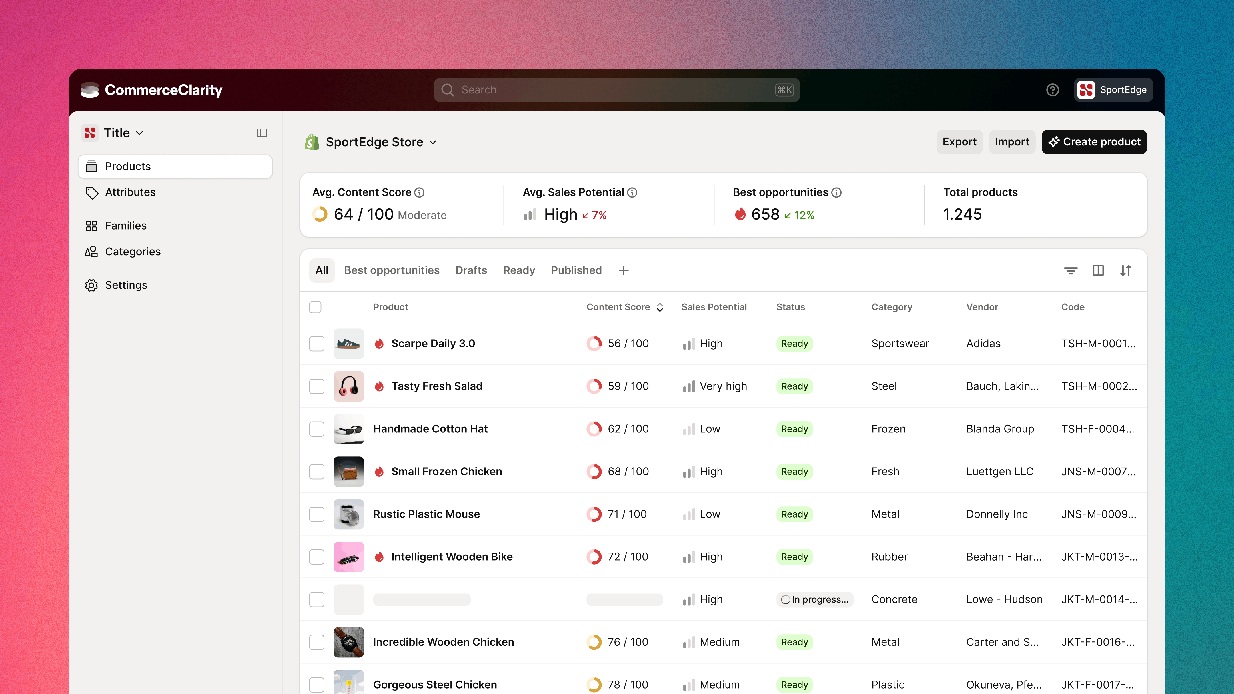 The CommerceClarity interface listing the products of a store with, for each one, a content score, sales potential and status.