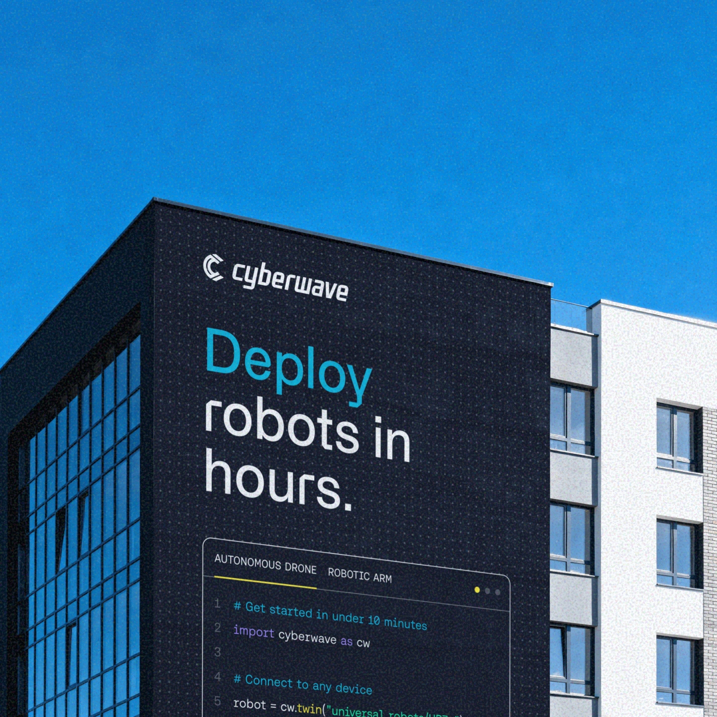 Cyberwave identity applied to a building facade, combining the logo, messaging, and a software interface.