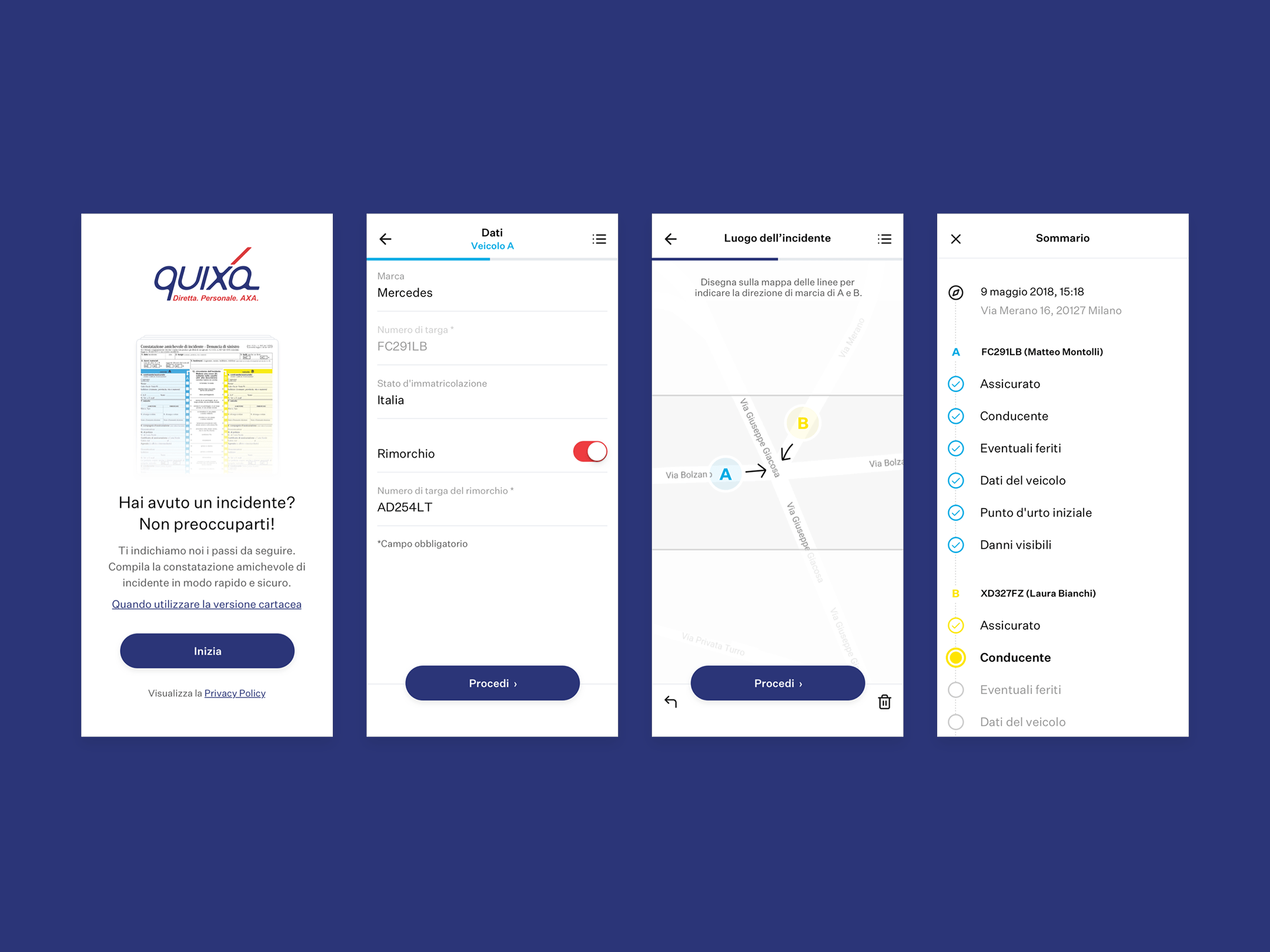 Schermate dell’app Quixa che guidano l’utente nella compilazione di una constatazione amichevole di un incidente.