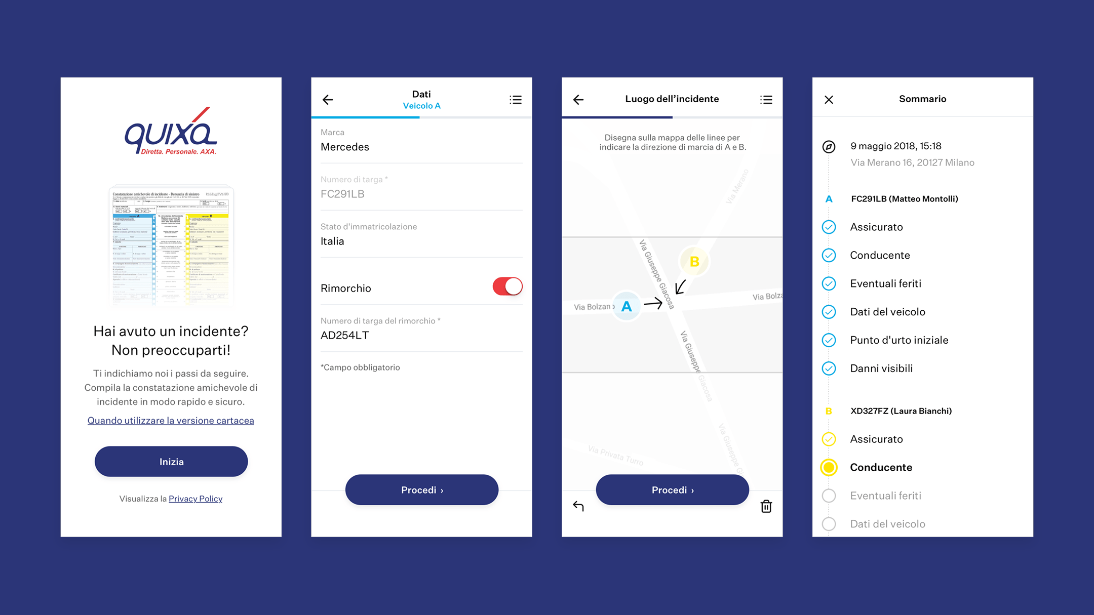 Schermate dell’app Quixa che guidano l’utente nella compilazione di una constatazione amichevole di un incidente.