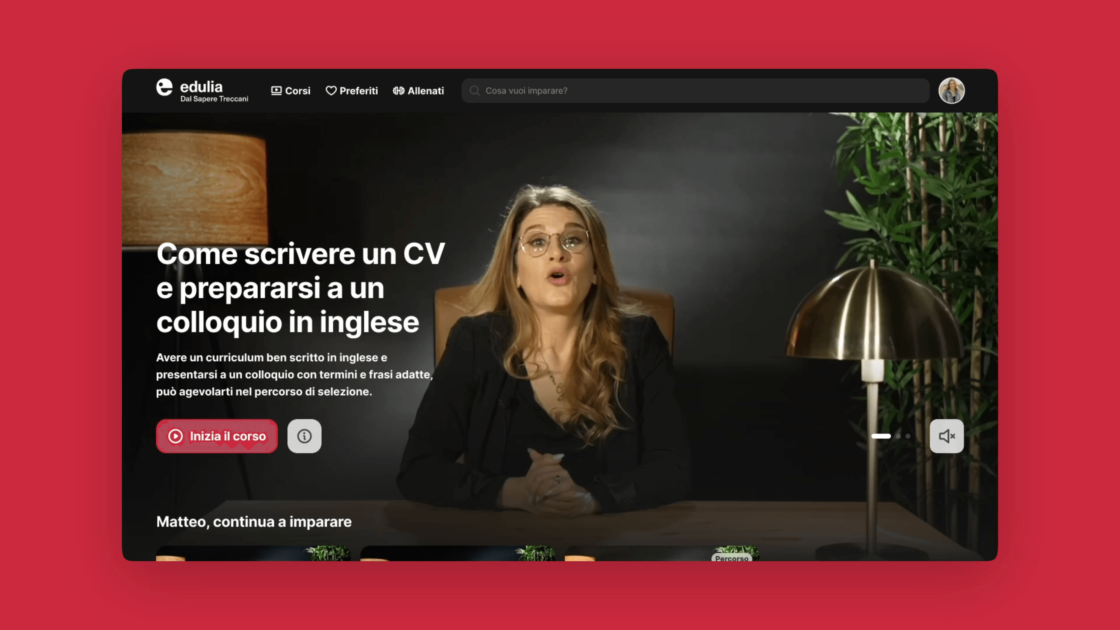 Home di Edulia con il corso “Come scrivere un CV e prepararsi a un colloquio in inglese” in evidenza e la barra di ricerca dei corsi.
