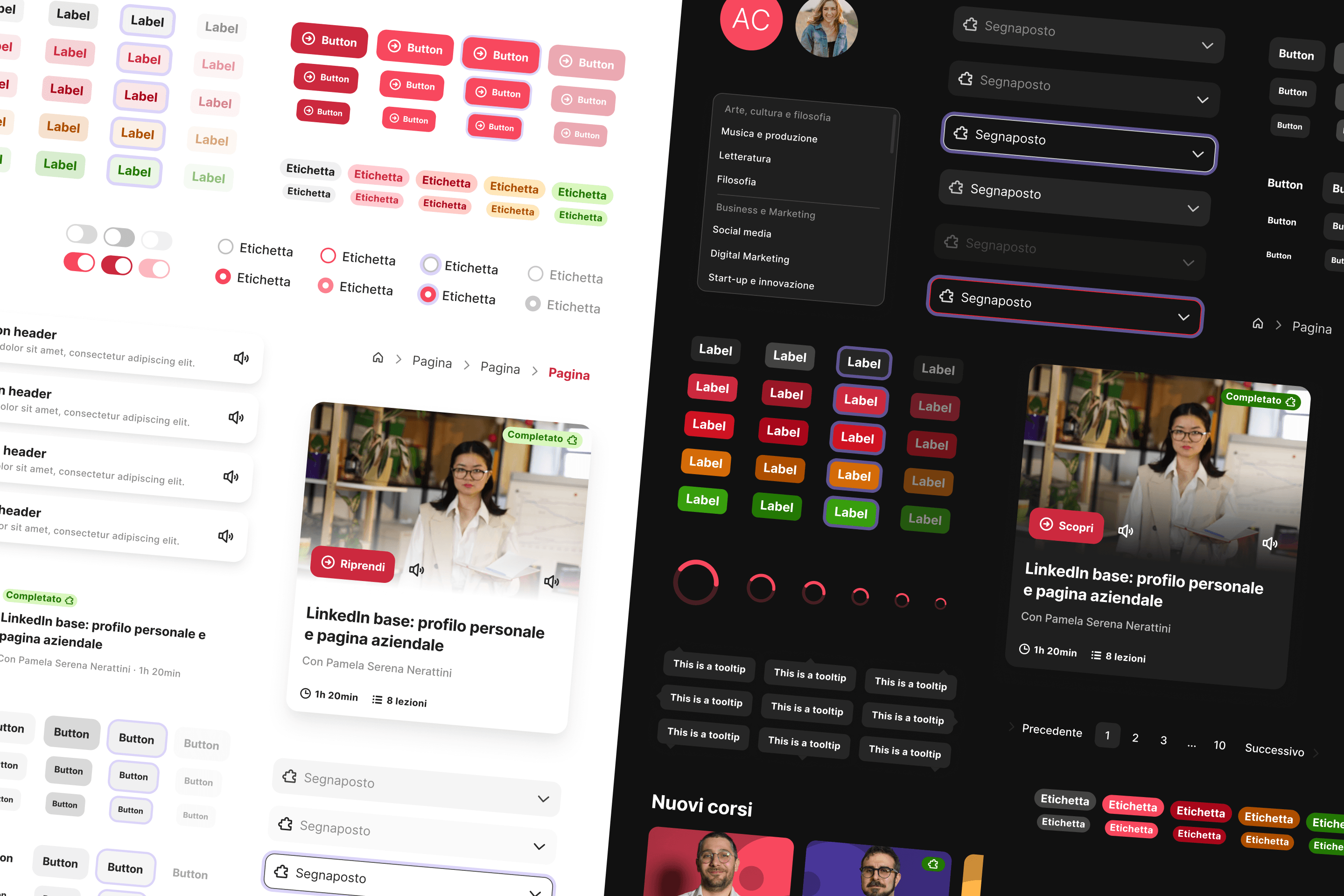 Componenti del design system di Edulia nei temi chiaro e scuro: etichette, bottoni, campi select, card dei corsi e tooltip.