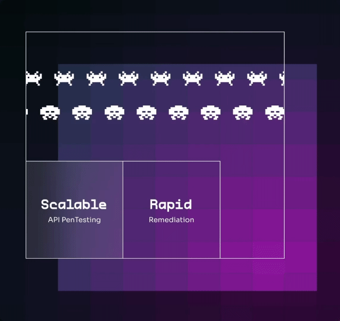 Illustrazione animata con alieni in pixel art e i messaggi «Scalable API PenTesting» e «Rapid Remediation».