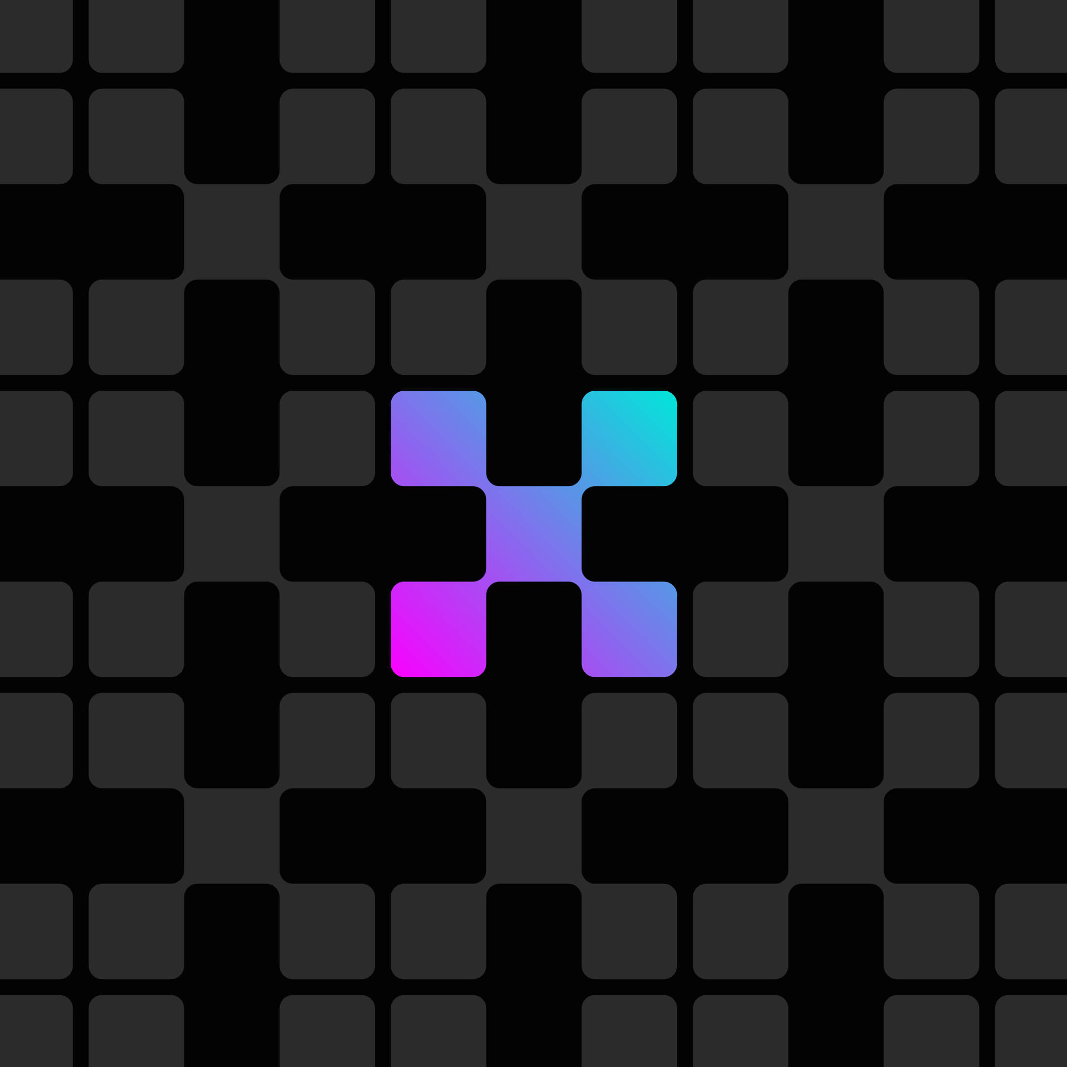 Simbolo del brand Equixly: la x composta da moduli in gradiente magenta-ciano su una griglia nera.