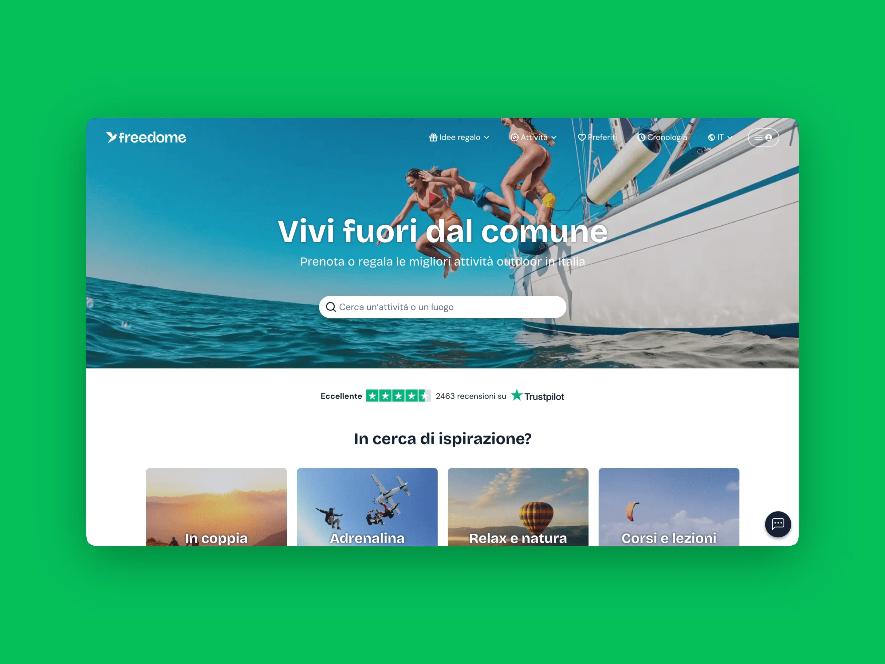 Schermata del sito Freedome con attività outdoor in evidenza e invito a prenotare esperienze in Italia.