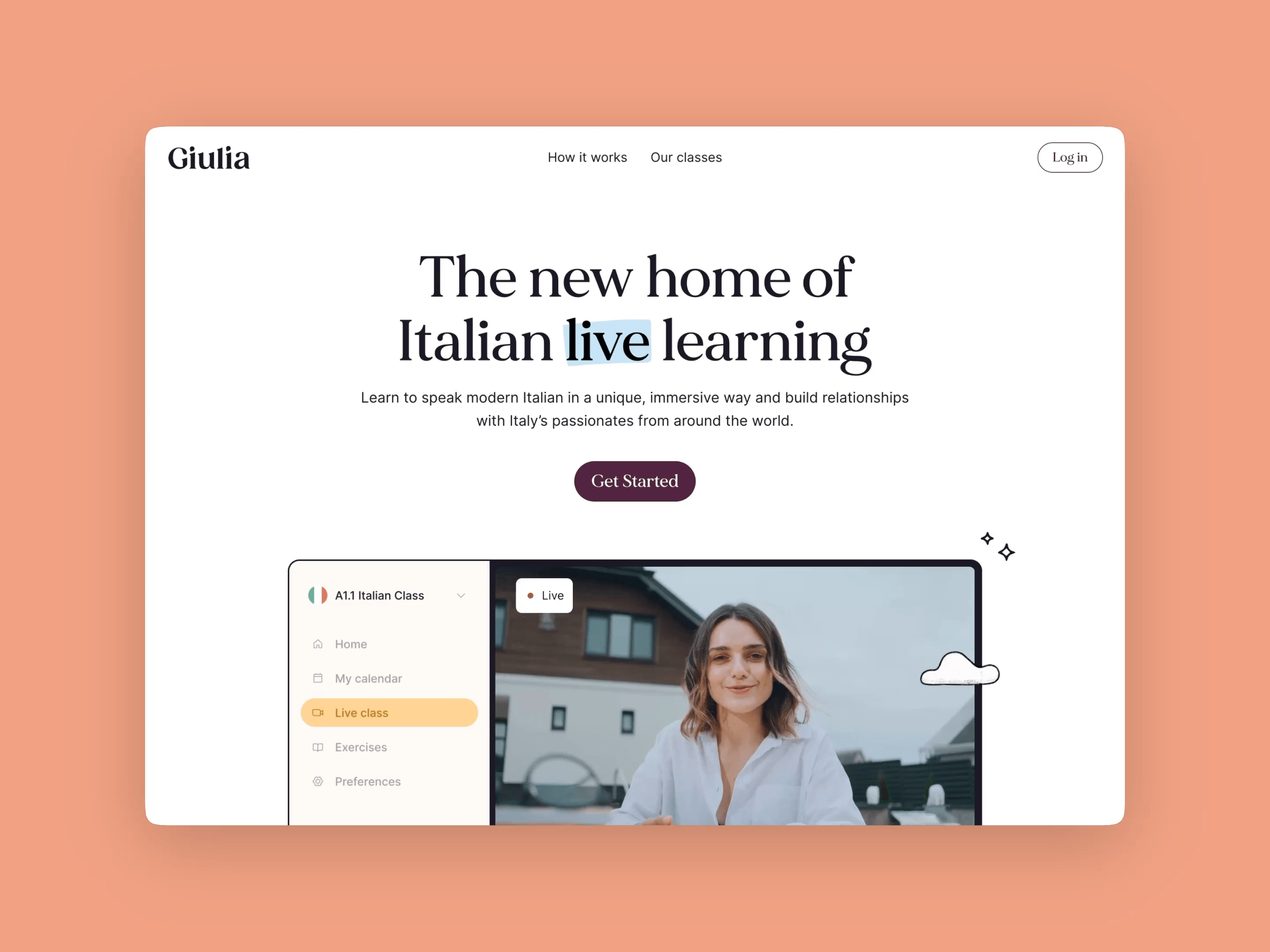 Screenshot of Giulia’s homepage with a heading for learning Italian through live online classes.
