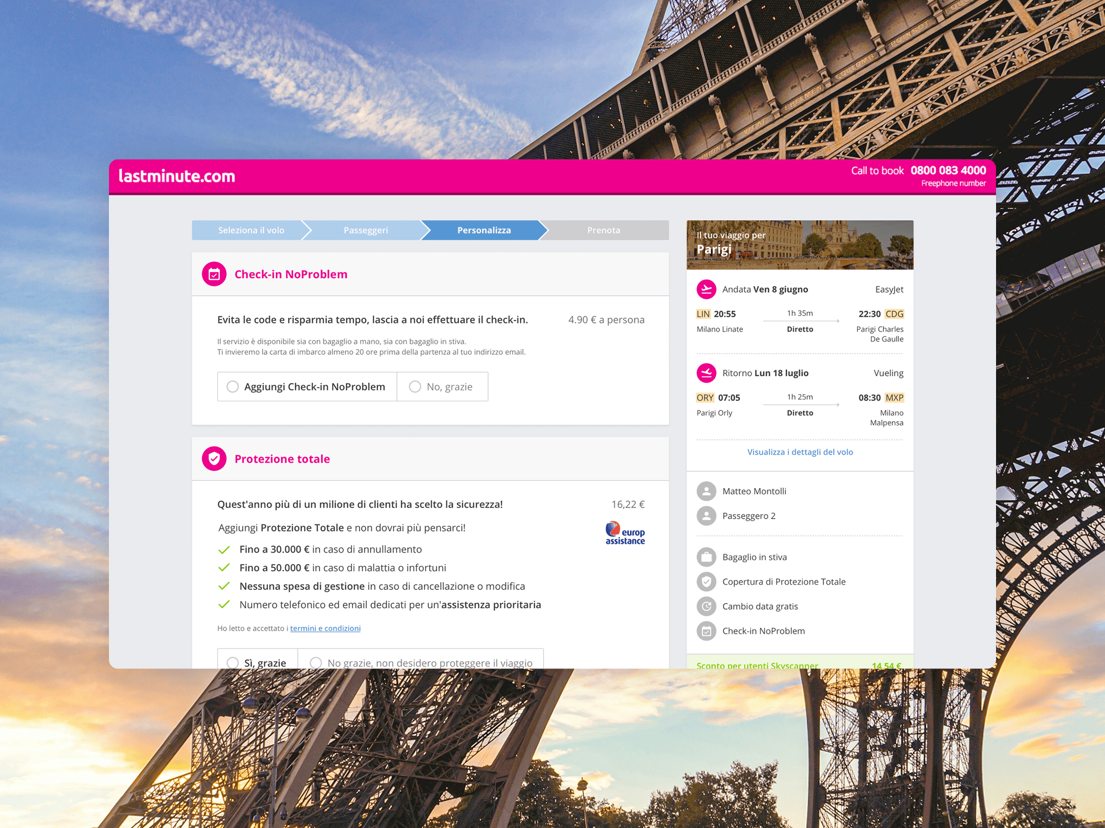 Schermata del sito lastminute.com con riepilogo viaggio per Parigi e opzioni aggiuntive come check-in e protezione totale.