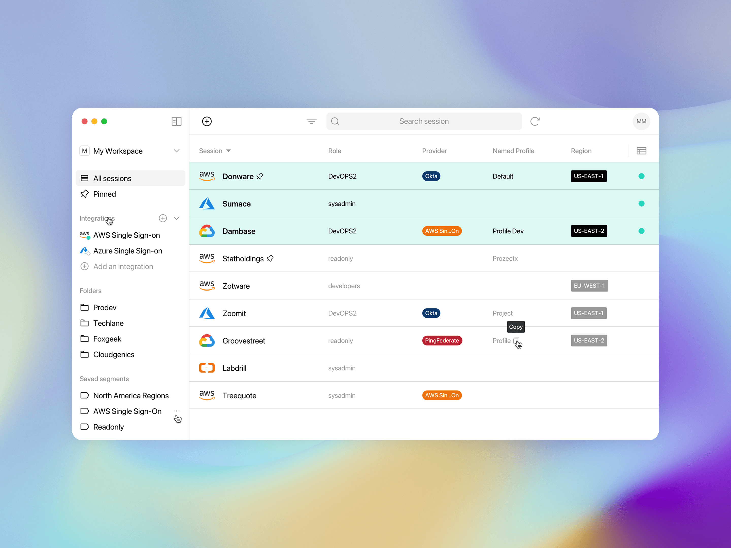 Schermata dell’app Leapp per la gestione centralizzata di sessioni cloud e accessi a provider come AWS, Azure e Okta.