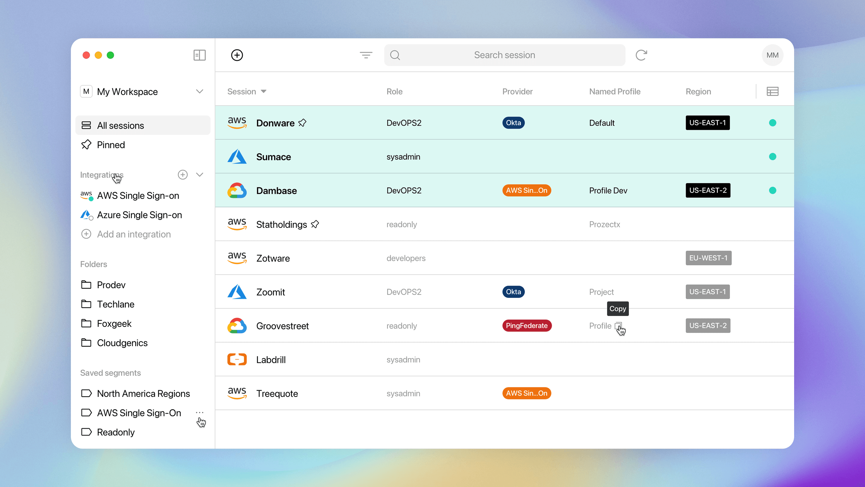 Screenshot of the Leapp app for centralized management of cloud sessions and access to providers like AWS, Azure, and Okta.