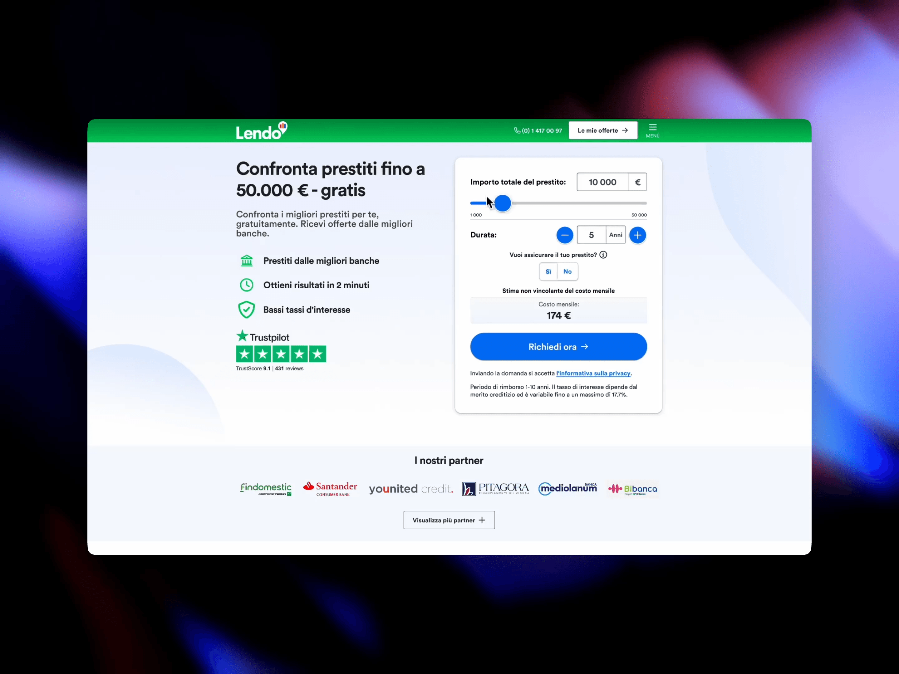 Schermata del sito Lendo con simulatore per confrontare prestiti personali fino a 50.000 euro.