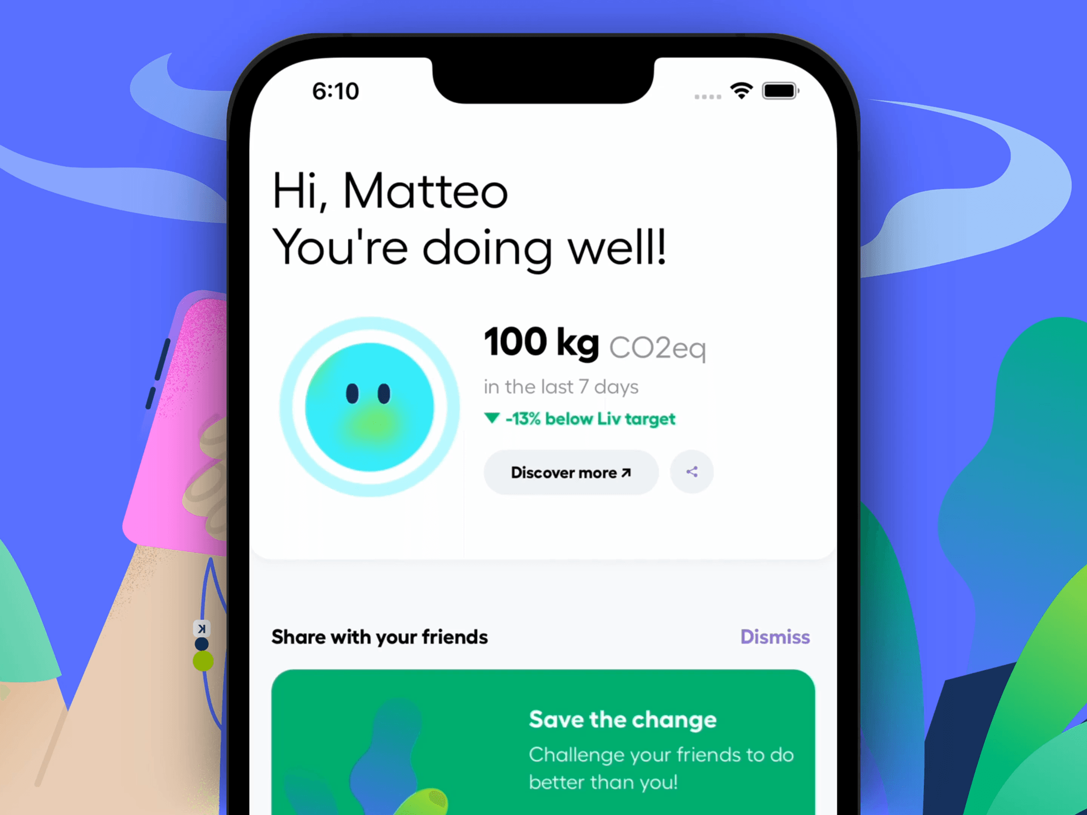 Schermata dell'app Liv che mostra il calcolo dell’impronta ecologica settimanale basata sugli acquisti.