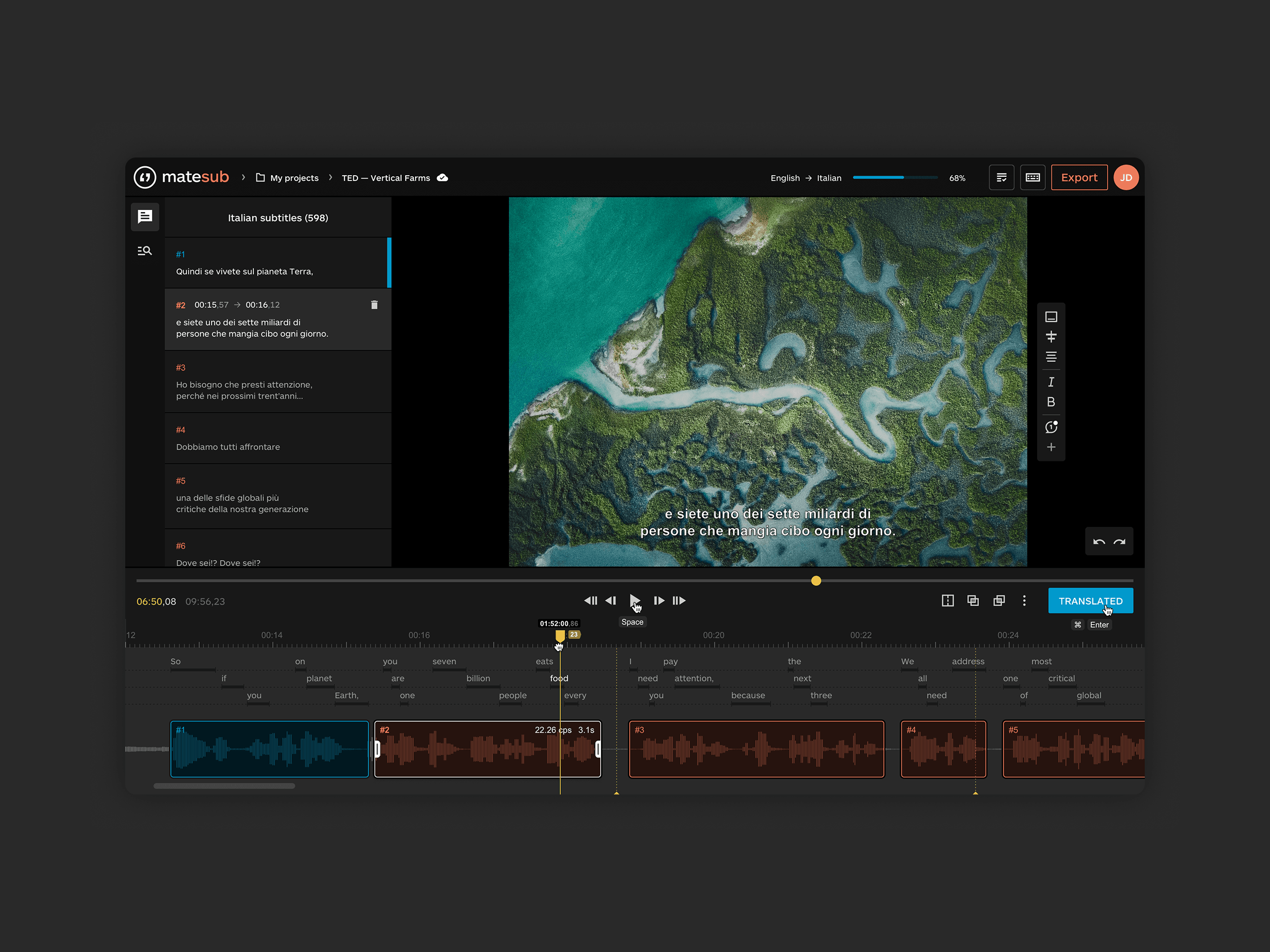 Schermata del software Matesub per la creazione e sincronizzazione di sottotitoli su un video.