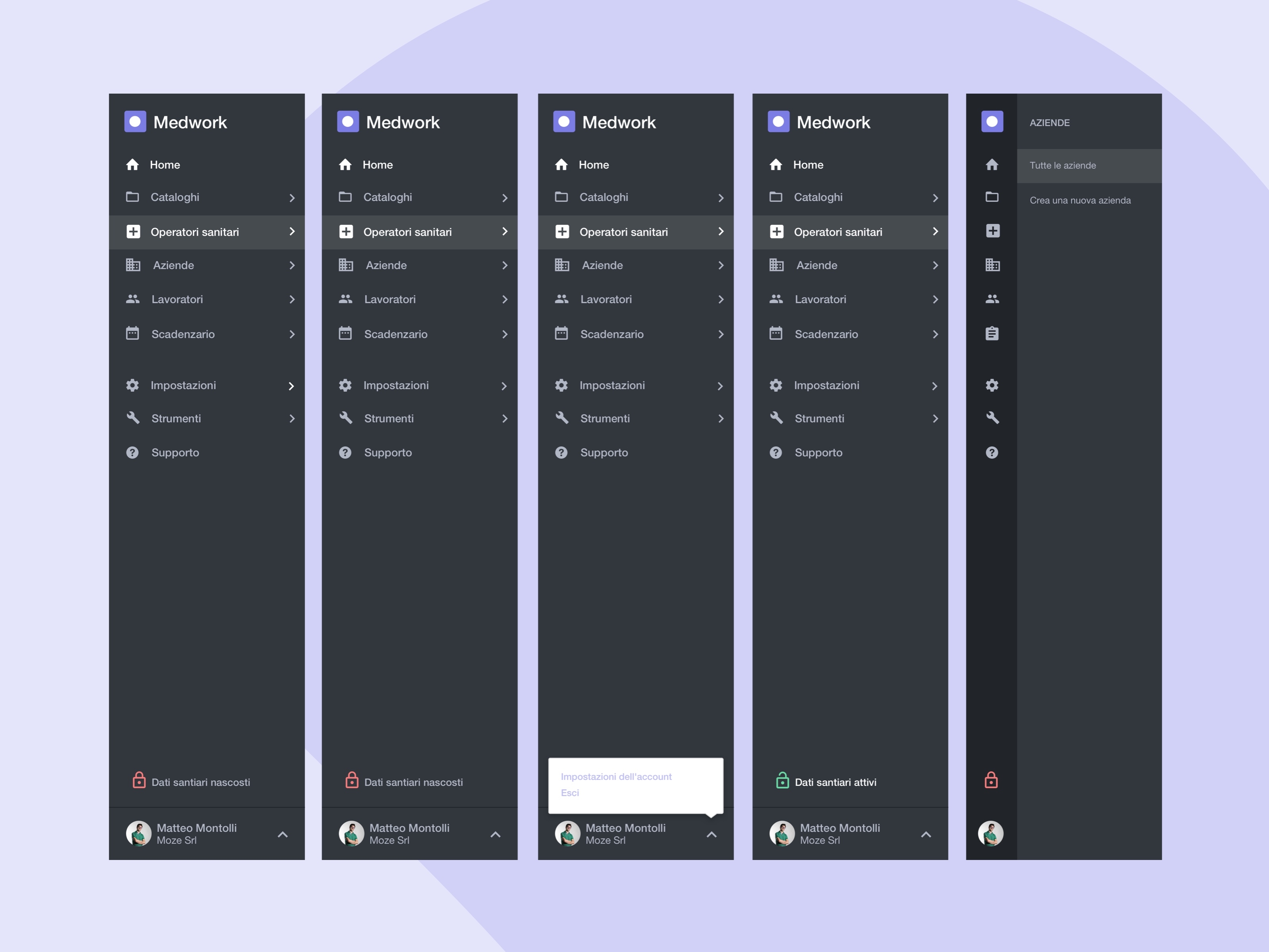 La sidebar di Medwork, con il menu di navigazione dell’applicazione.