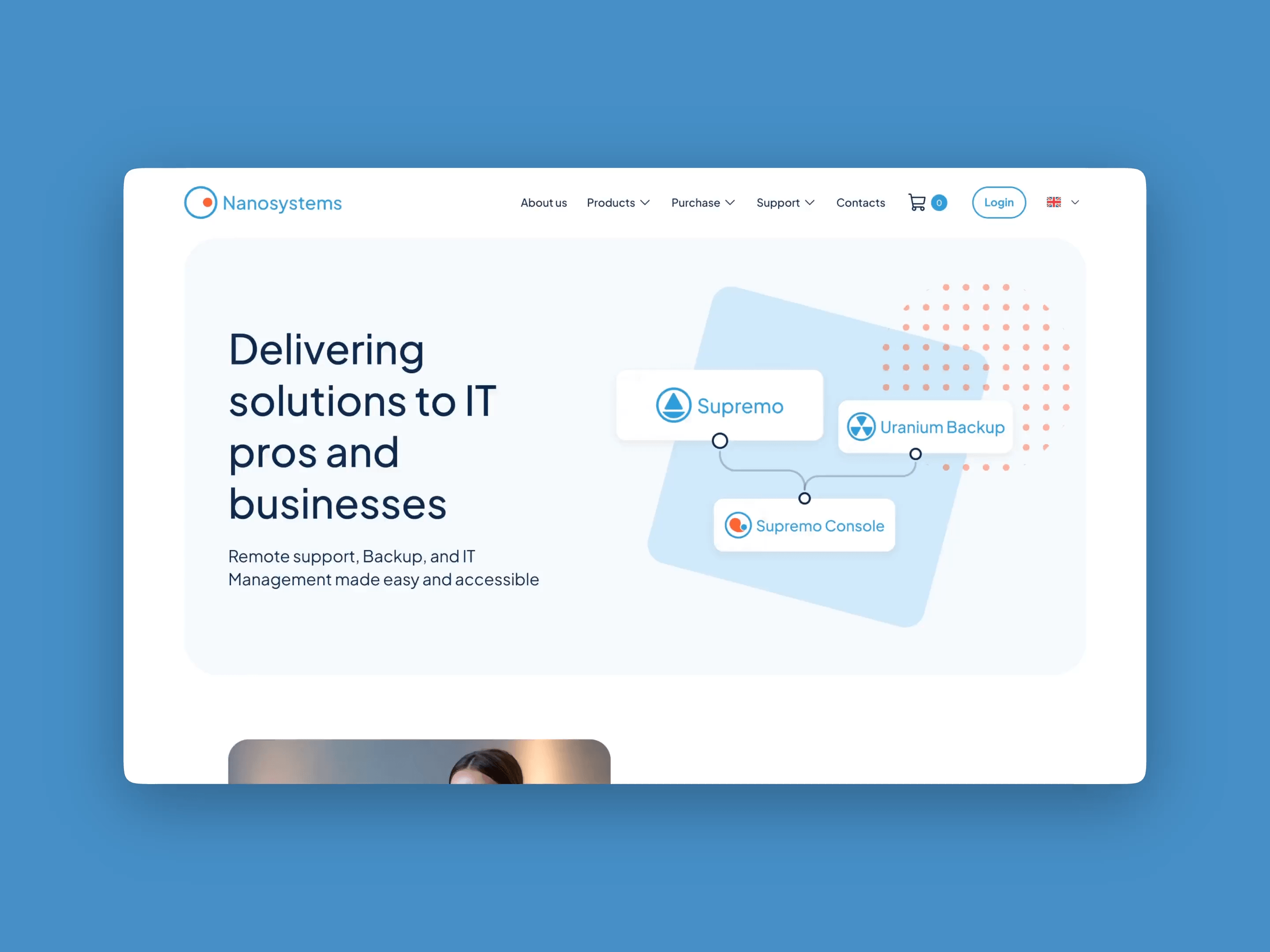 Screenshot of the Nanosystems website with IT solutions for businesses and professionals, including Supremo and Uranium Backup.