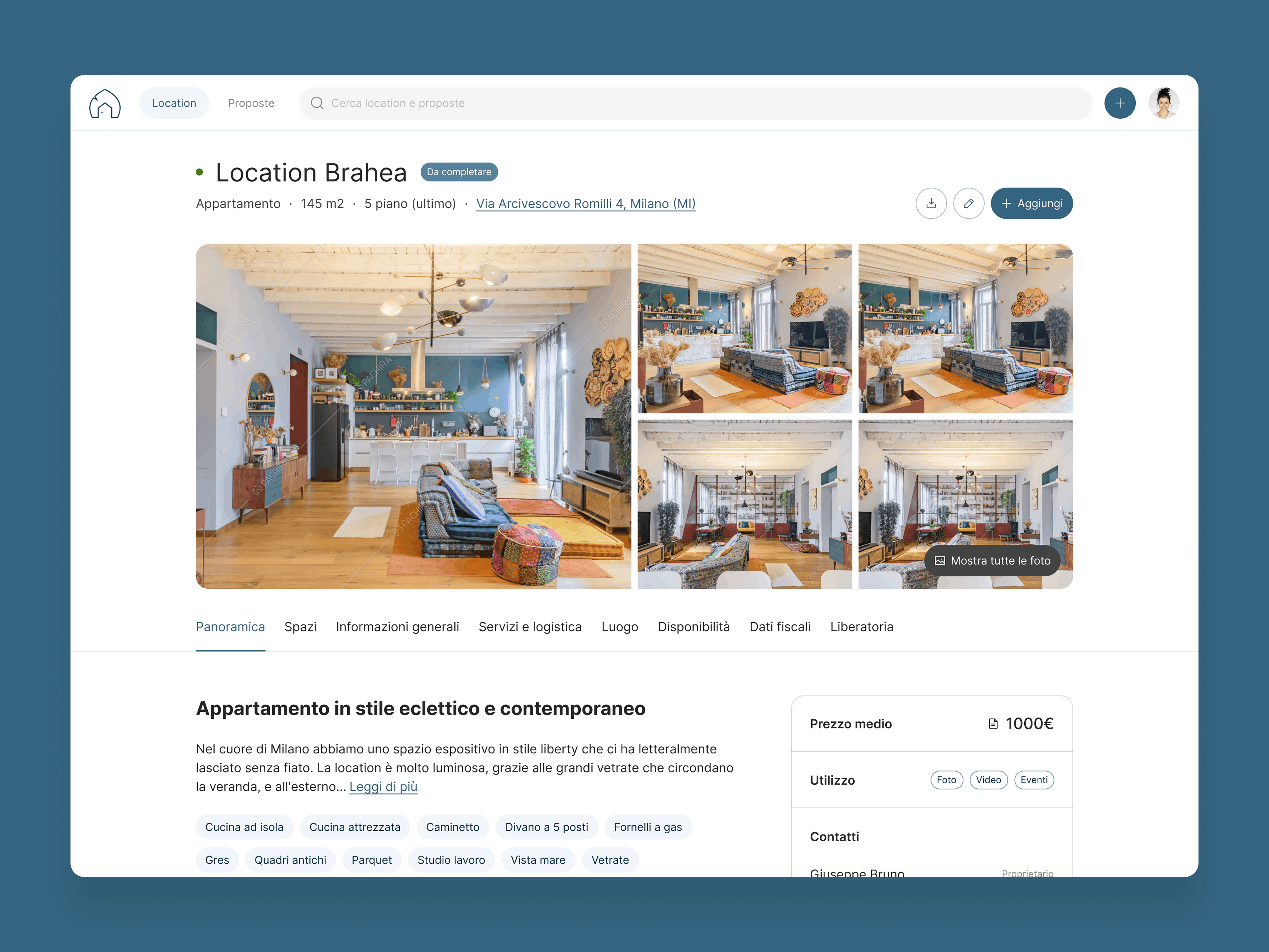 Interfaccia del software Pachira Location Manager che mostra il flusso di lavoro