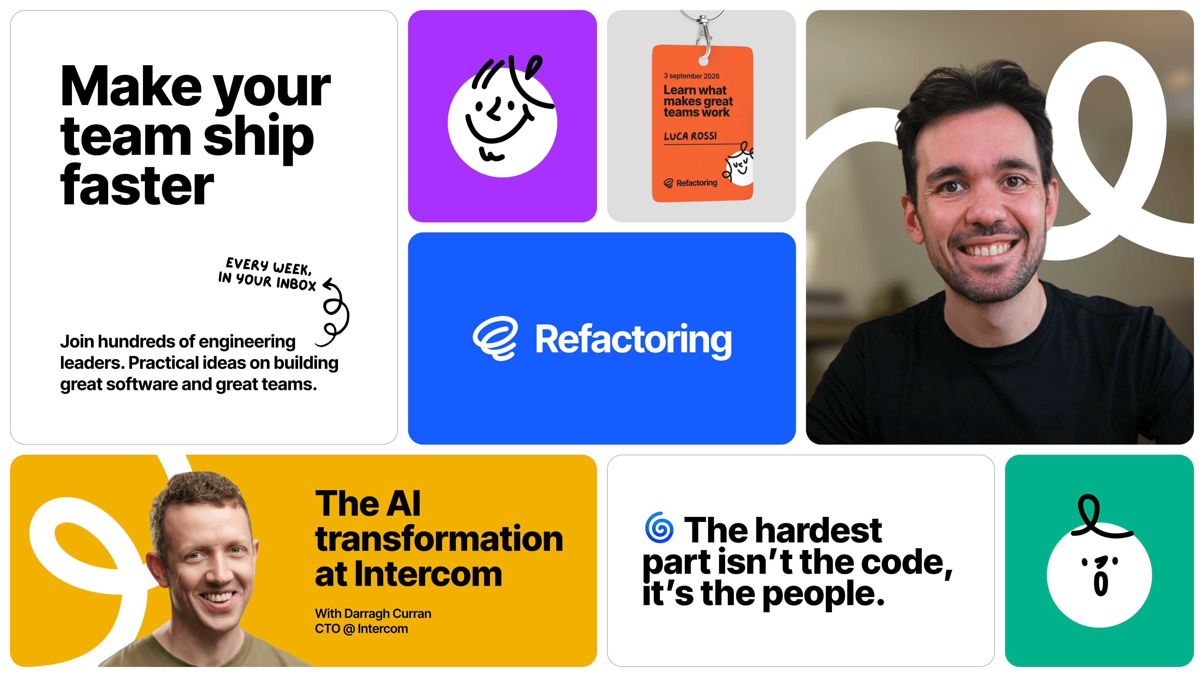 Elementi della nuova identità visiva di Refactoring su fondo chiaro.
