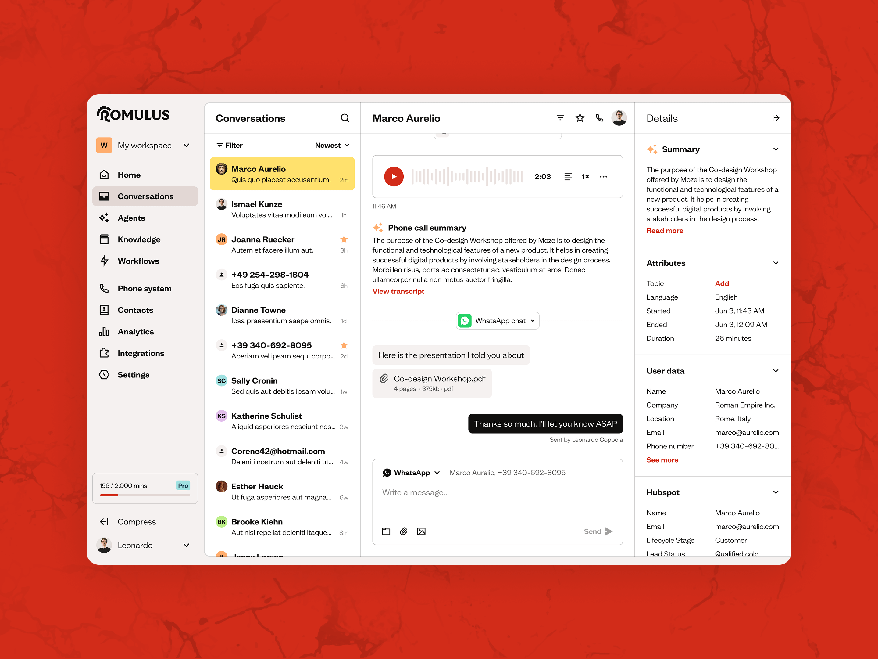 Interfaccia di Romulus con elenco conversazioni, chat aperta e dettagli del contatto