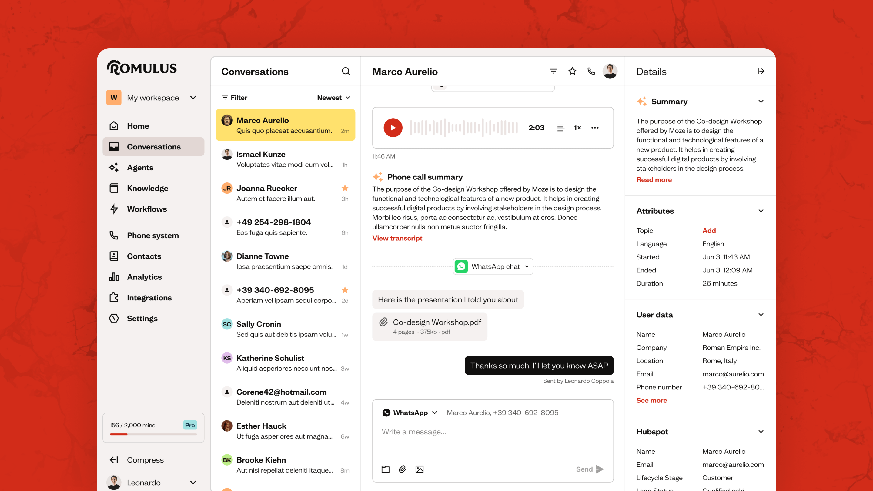 Romulus interface showing conversation list, open chat, and contact details