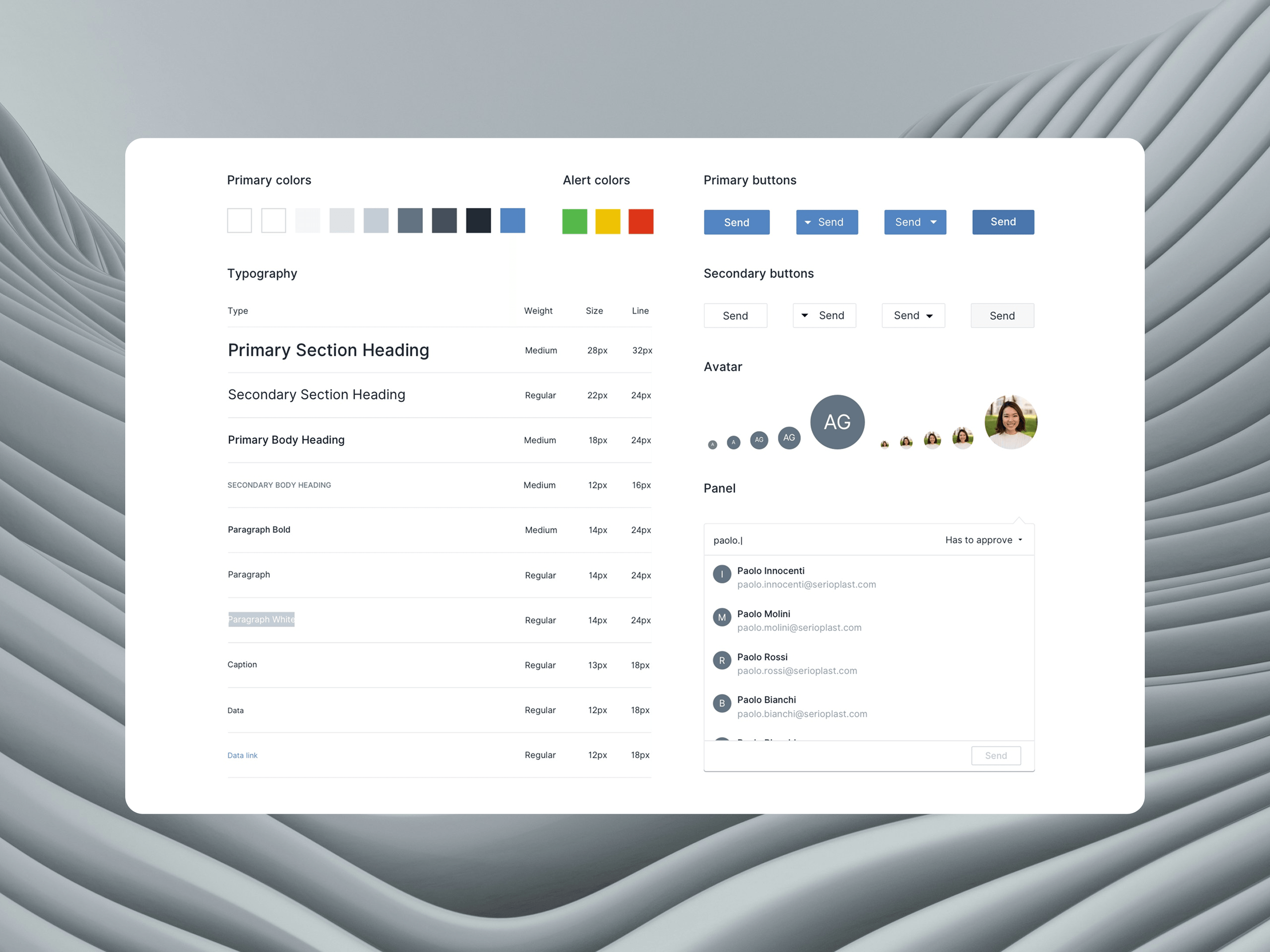 Schermata del design system di Serioplast con palette colori, tipografia, componenti UI e stile dei pulsanti.
