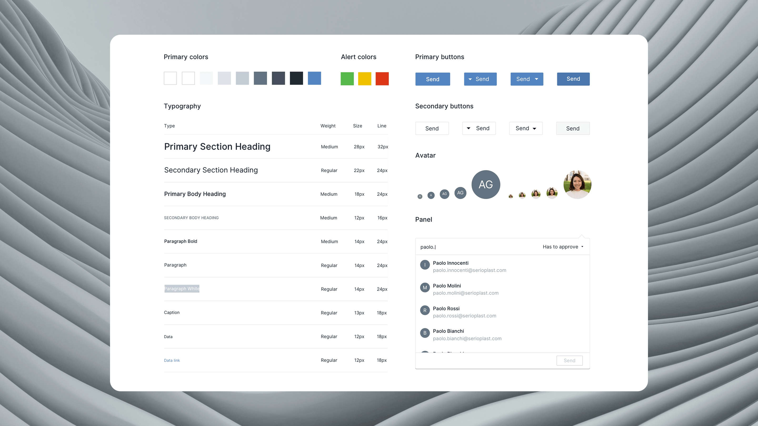 Schermata del design system di Serioplast con palette colori, tipografia, componenti UI e stile dei pulsanti.