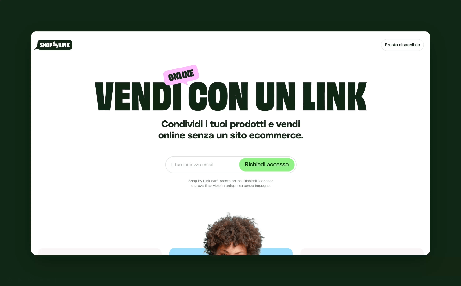 Homepage of Shop by Link showing the headline “Sell with a link” and the subtitle “Share your products and sell online without an ecommerce site”.