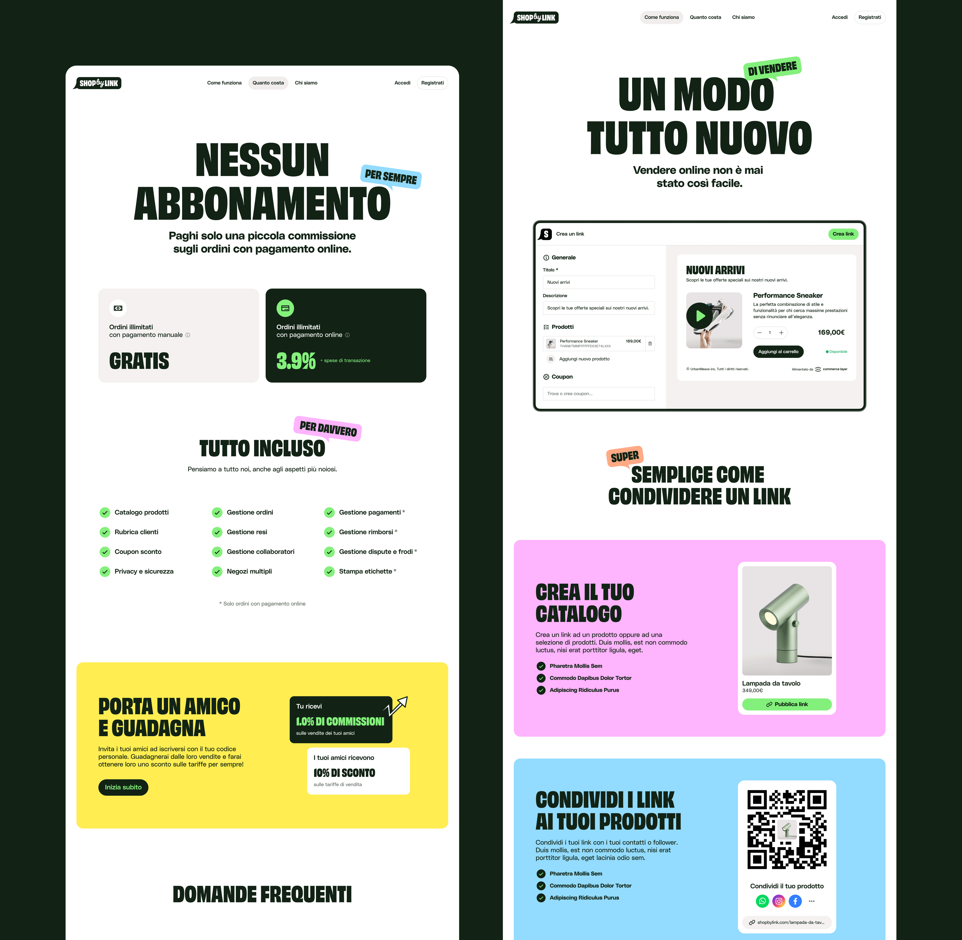 Two screens of the Shop by Link website: the pricing page and the section explaining how to build a catalogue and share a purchase link.