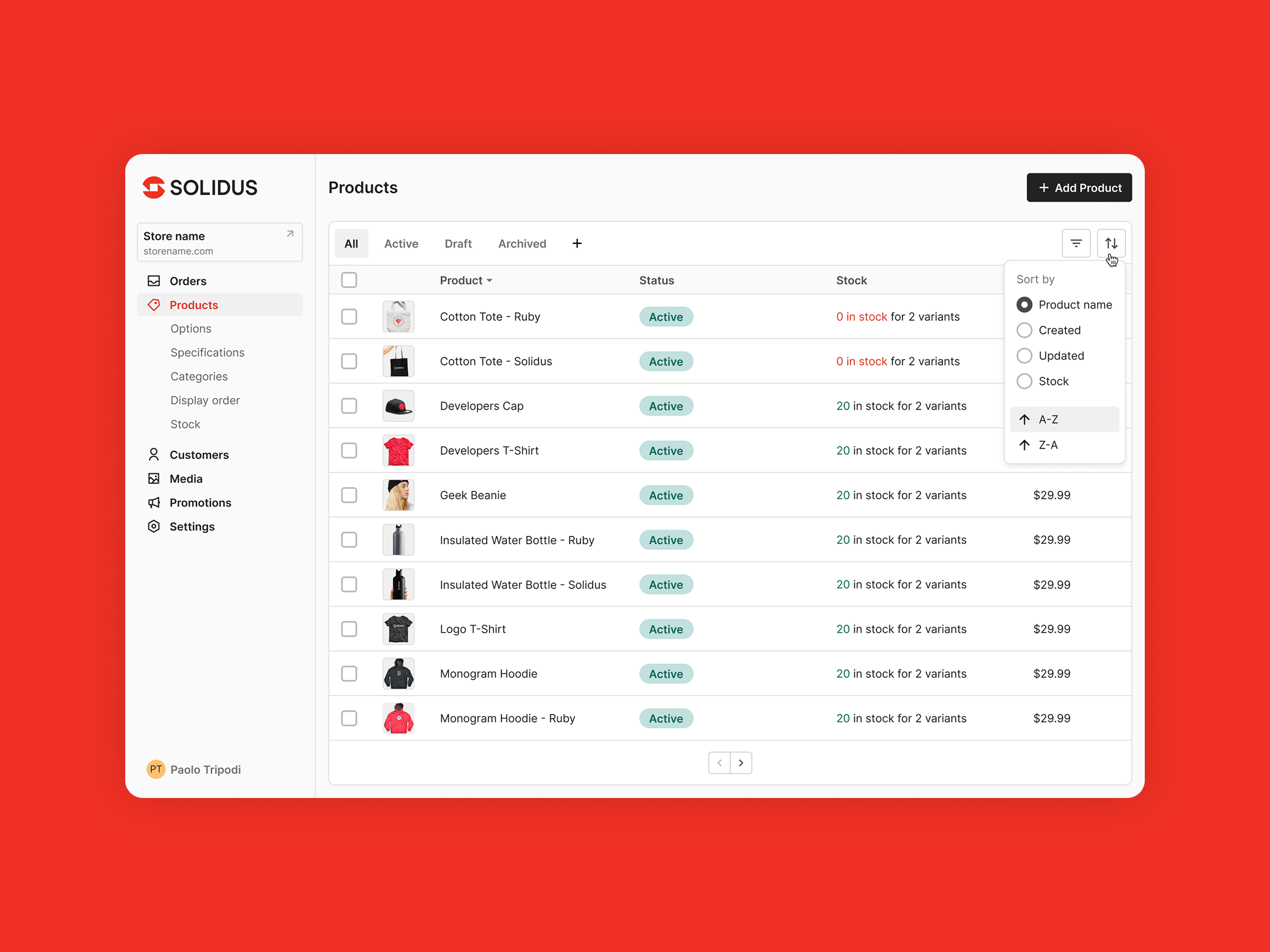 Solidus interface screen showing the product list in an ecommerce admin panel.