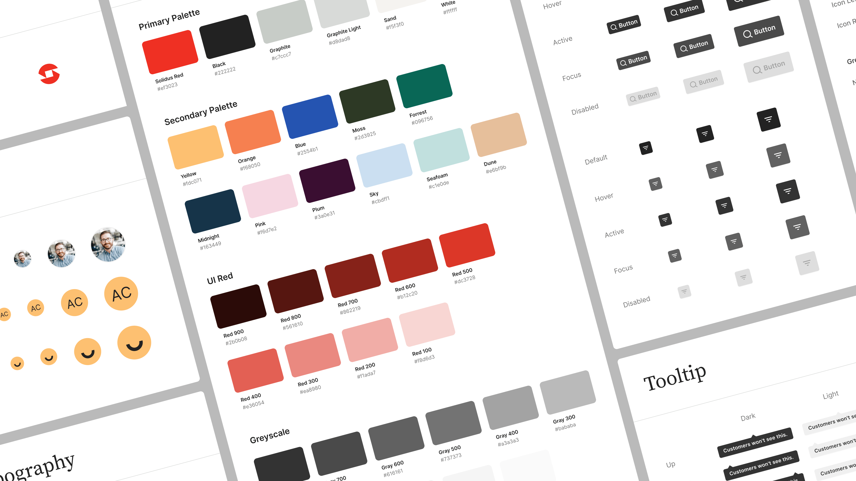Design system boards for Solidus: colour palettes with their tokens, button states and tooltip variants.