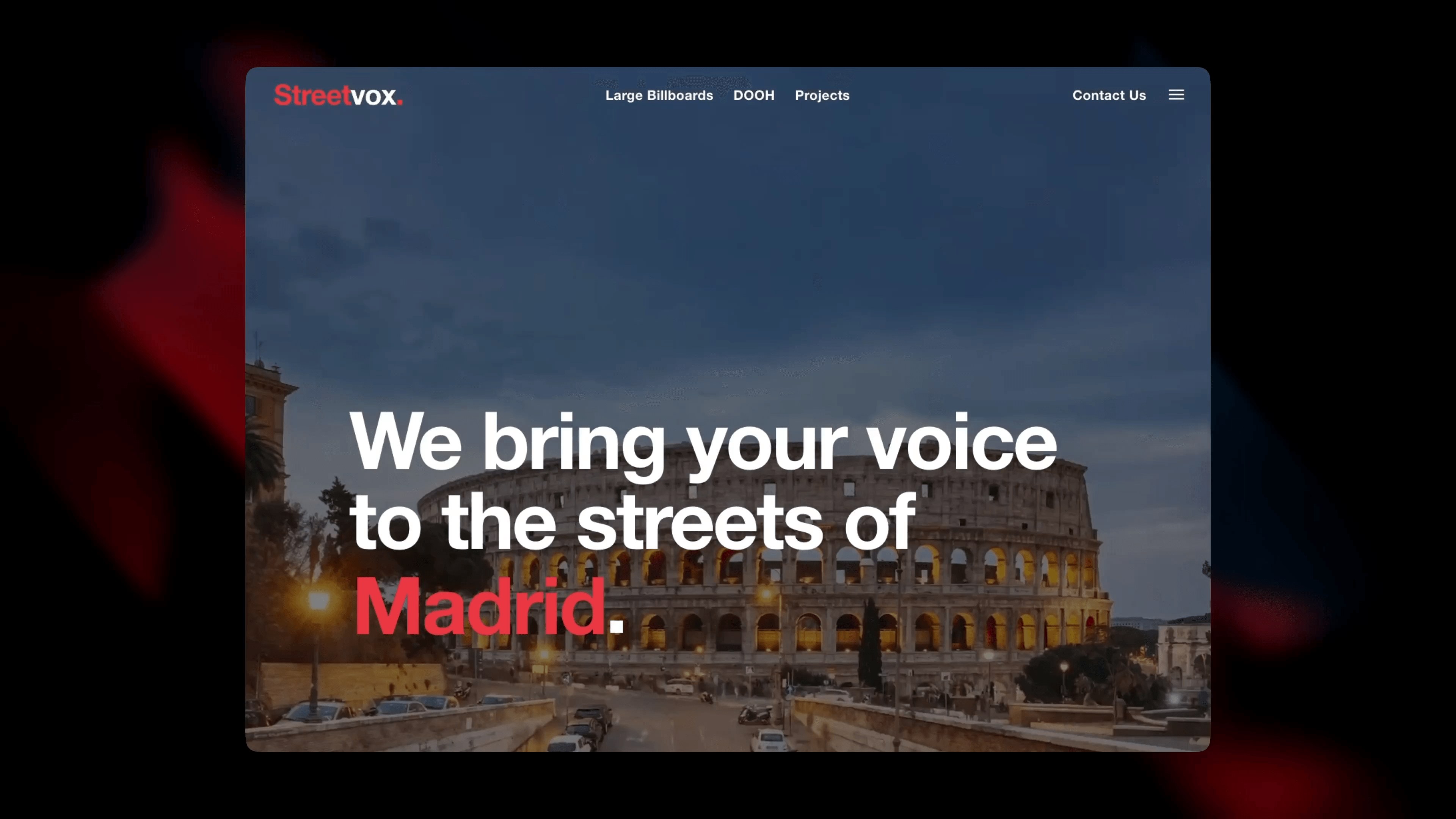 Homepage of the Streetvox website, with urban videos running behind the words “We bring your voice to the streets”.