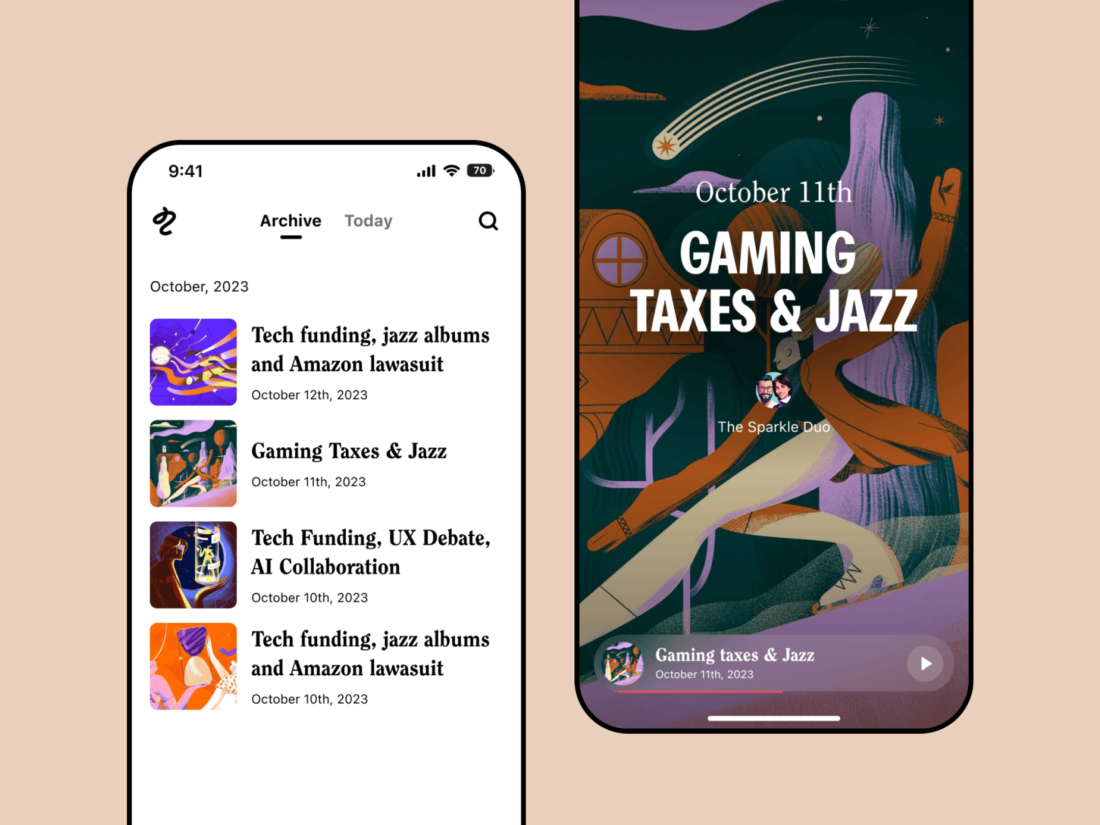 Screenshot of the Tailor app showing a personalized feed of editorial content on tech, economy, and pop culture.