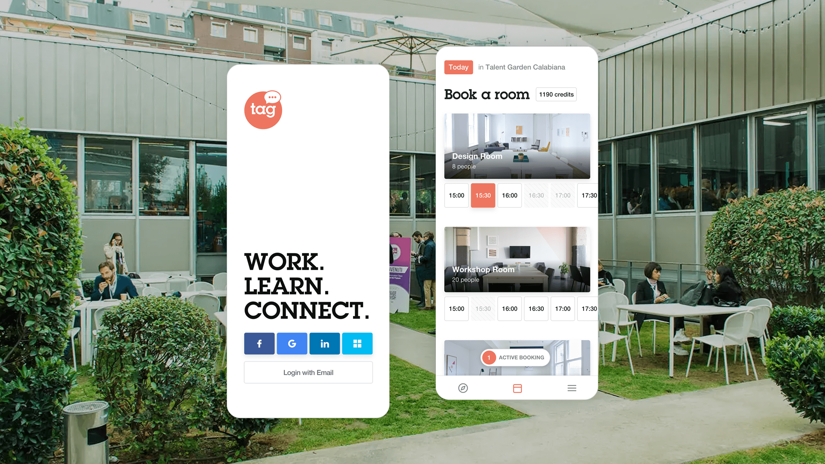 Screenshot of the Talent Garden app for booking workspaces and meeting rooms in campuses like Calabiana.