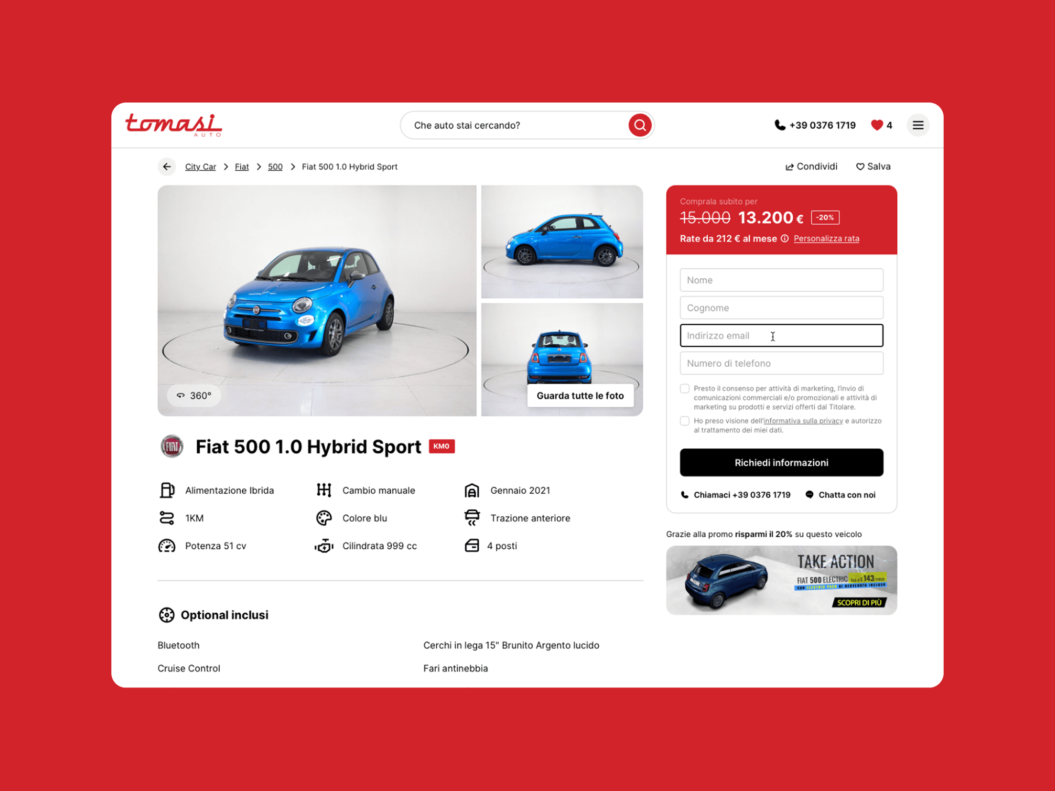 Screenshot of the Tomasi Auto website featuring a search bar and promotional message about zero-km, company and used cars.