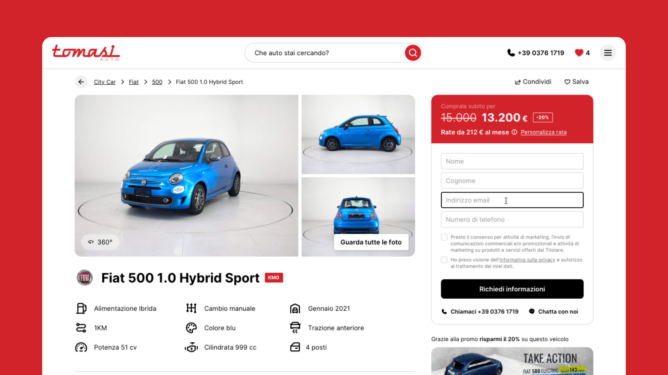 Screenshot of the Tomasi Auto website featuring a search bar and promotional message about zero-km, company and used cars.