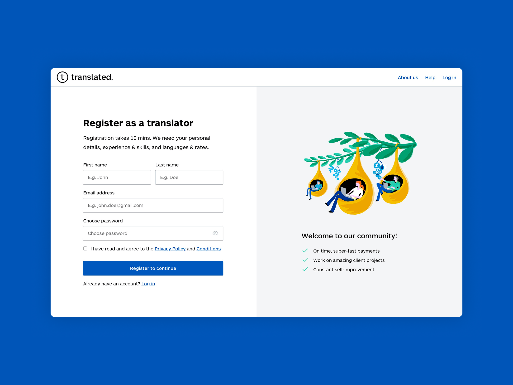 Schermata del sito Translated con un modulo di registrazione per traduttori e un messaggio di benvenuto alla community.