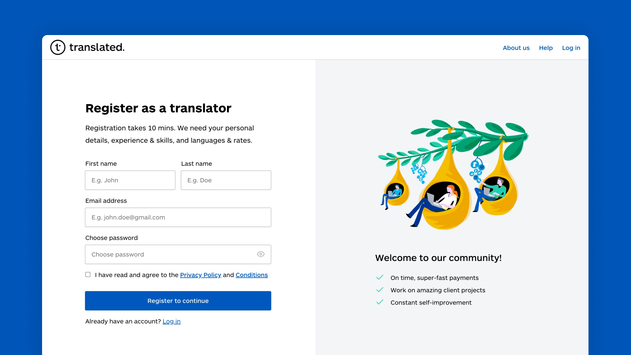 Schermata del sito Translated con un modulo di registrazione per traduttori e un messaggio di benvenuto alla community.