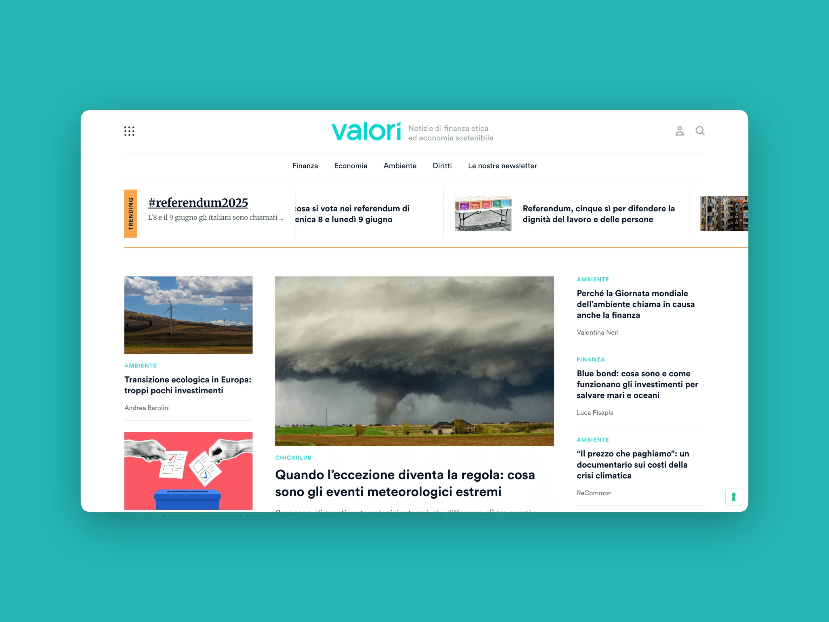 Screenshot of the Valori website featuring articles on ethical finance, sustainable economy, and current affairs.