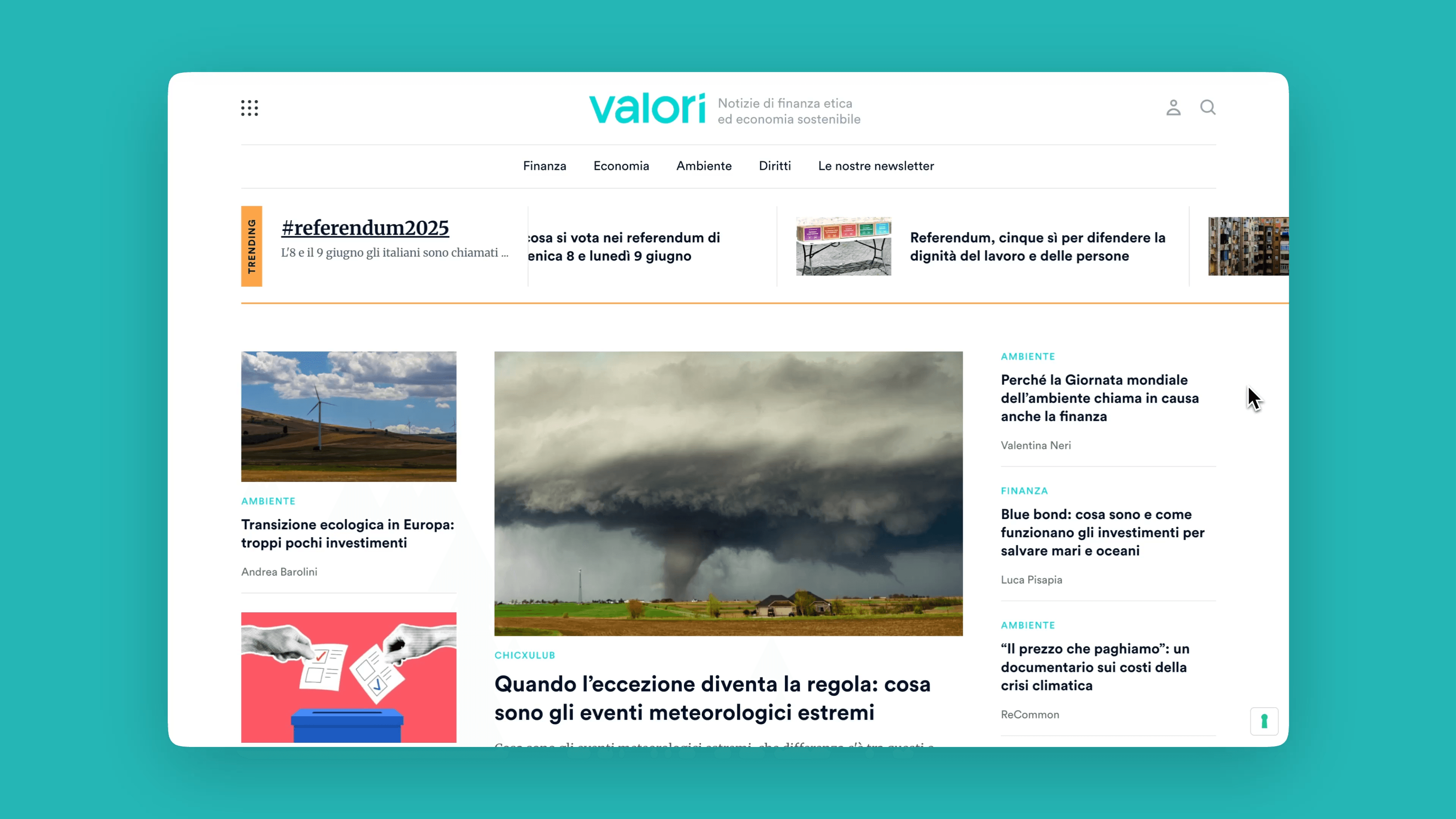Screenshot of the Valori website featuring articles on ethical finance, sustainable economy, and current affairs.