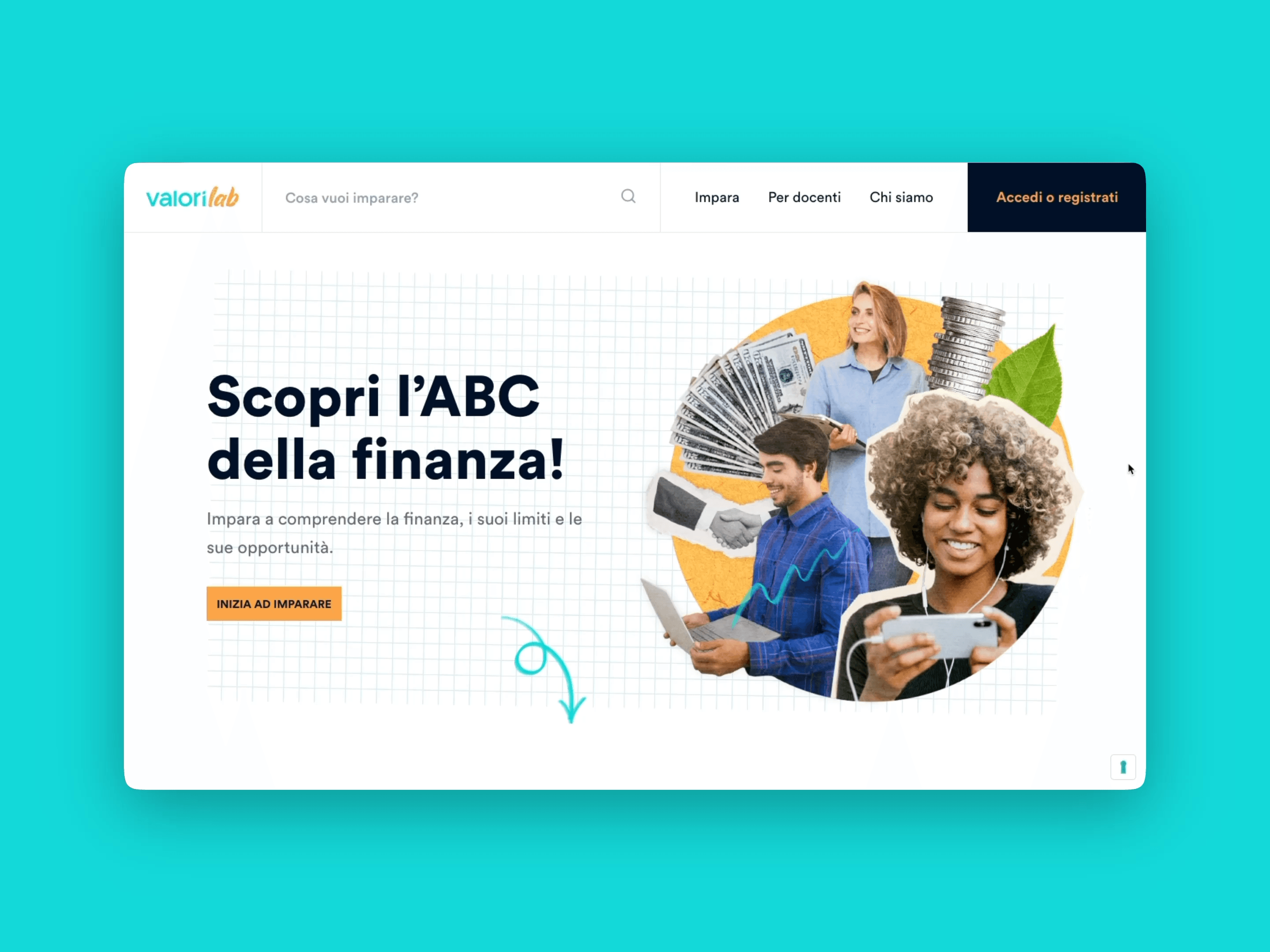 Screenshot of the ValoriLab website encouraging users to explore the basics of finance through educational content.