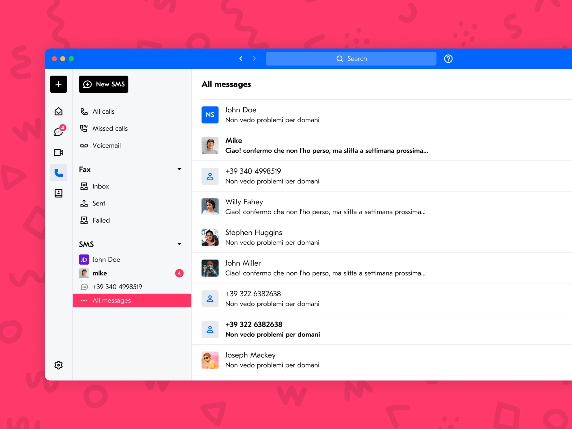 Schermata dell’app Voxloud che mostra l’interfaccia per la gestione di SMS e messaggi vocali.
