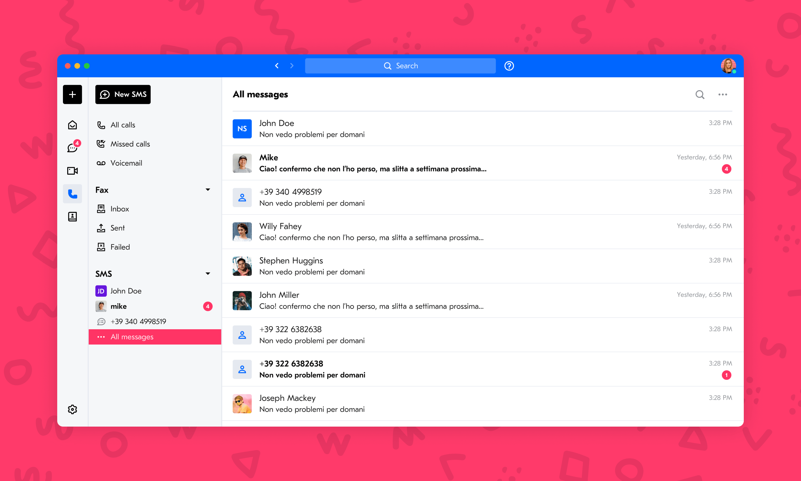 Screenshot of the Voxloud app showing the interface for managing SMS and voicemails.