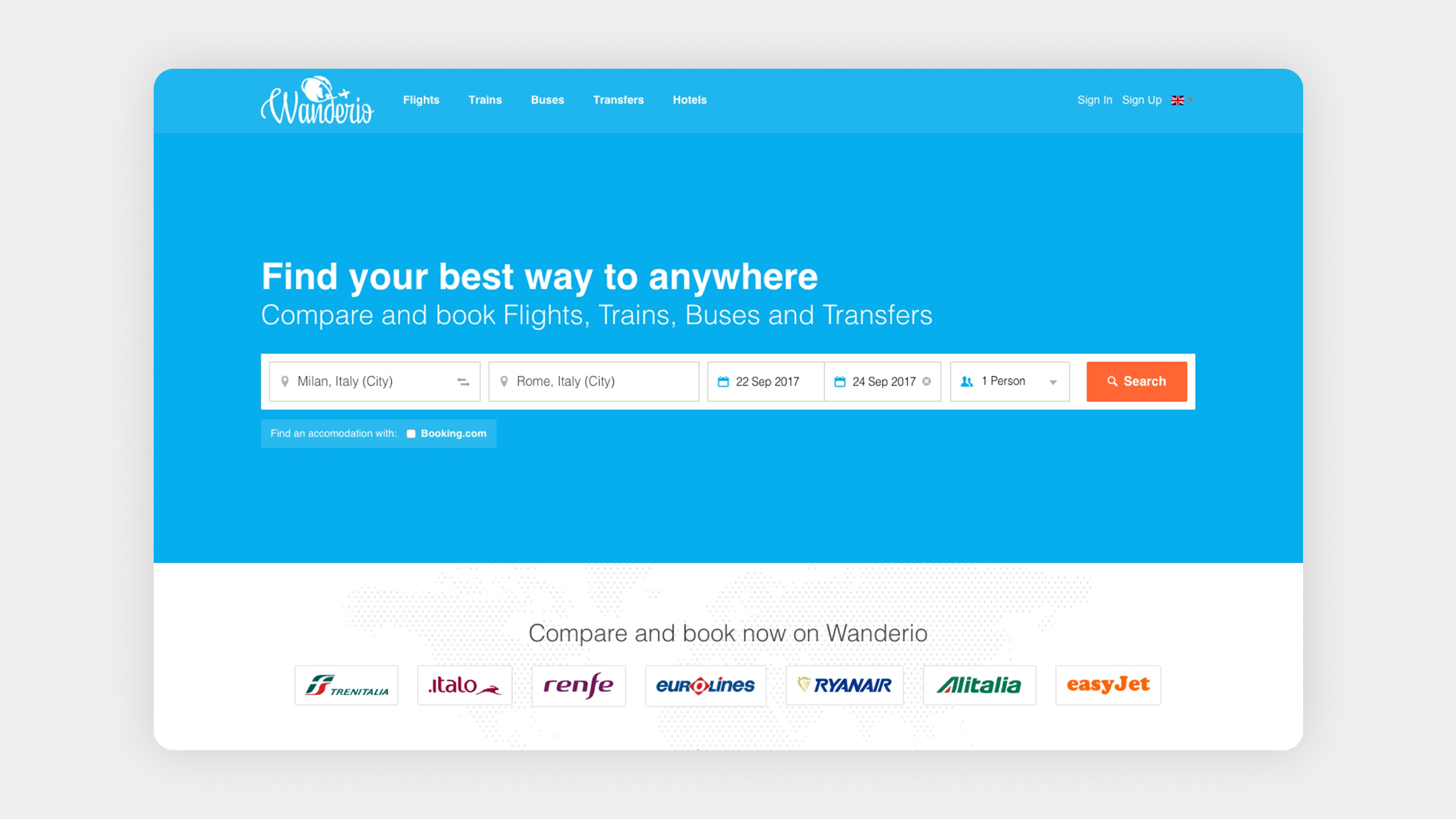 Screenshot of the Wanderio website for comparing and booking flights, trains, buses, and transfers.