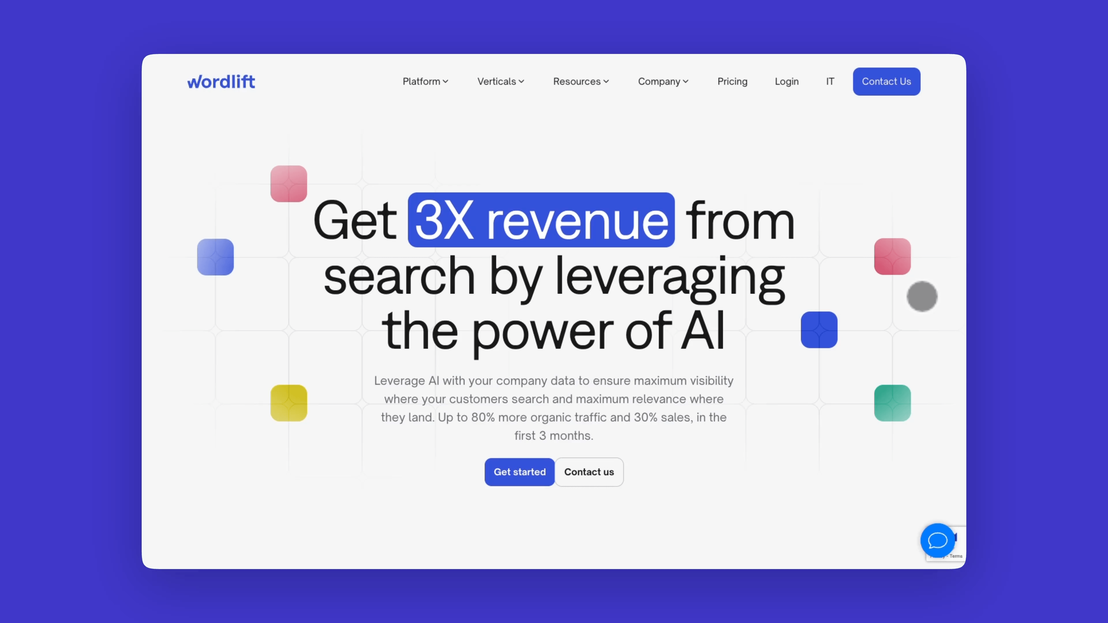 Homepage di WordLift su fondo blu, con la headline “Get 3X revenue from search by leveraging the power of AI”.