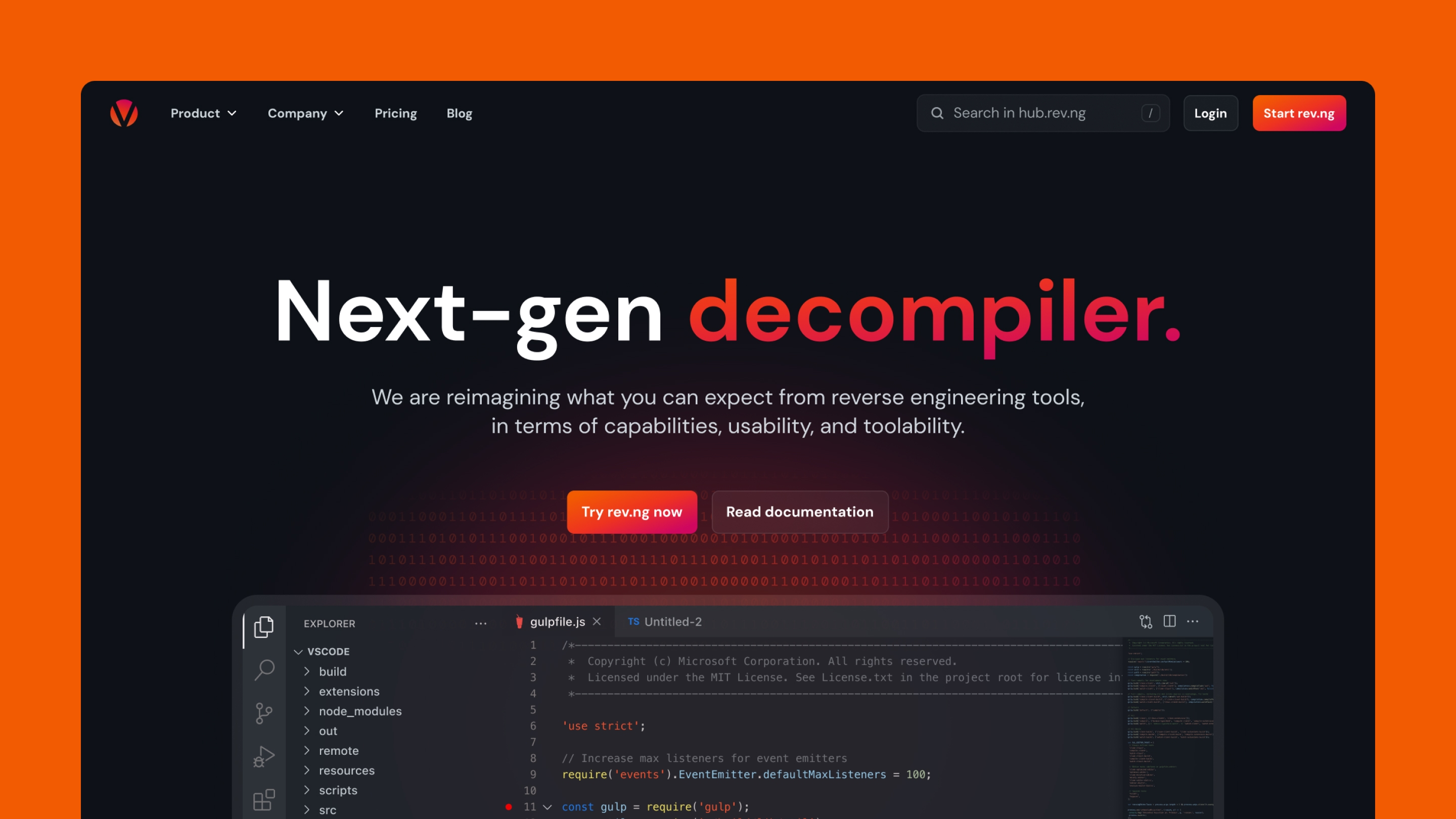 Screenshot of the rev.ng website featuring a headline about a next-gen decompiler with a dark-themed interface.