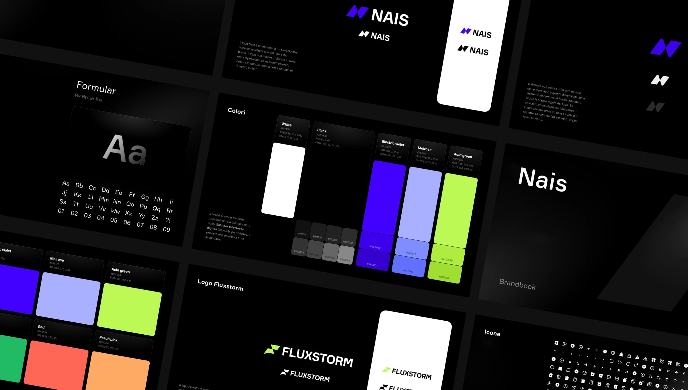 Le pagine del brand manual di Nais su fondo nero: logotipi, palette colori e tipografia.