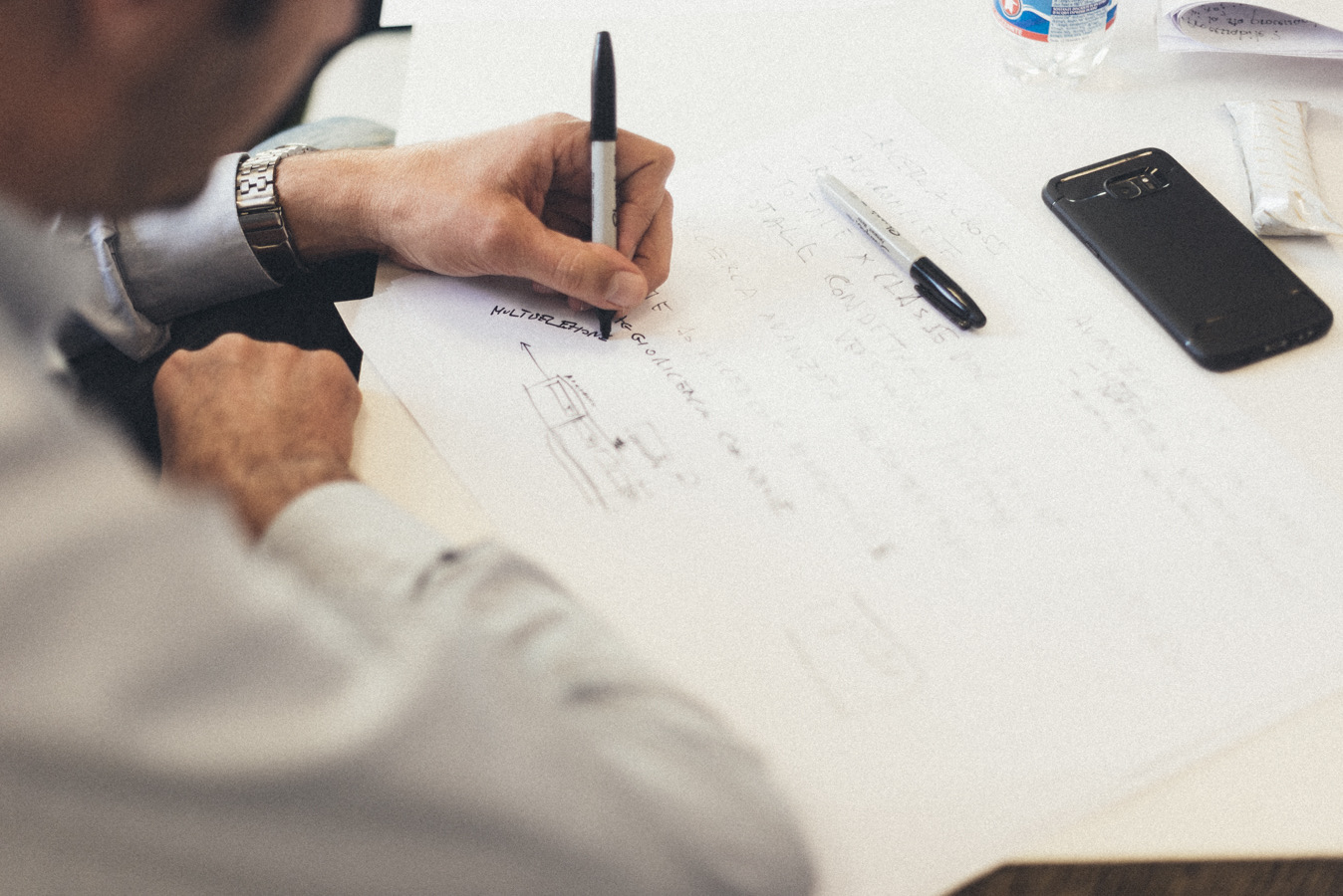 Dettaglio di una sessione di lavoro con appunti e schizzi di flussi su carta.