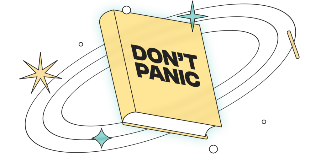 A book floats in orbit with a text on the cover: "Don't panic".